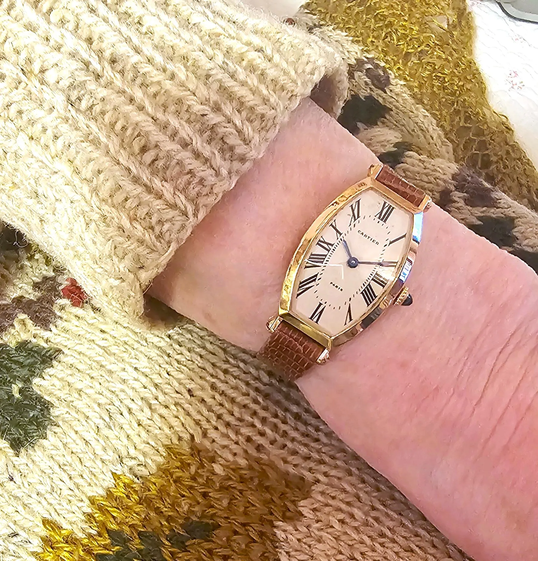 Cartier Paris Rose Gold Tonneau shaped watch that curves on the wrist.  Circa 1990's