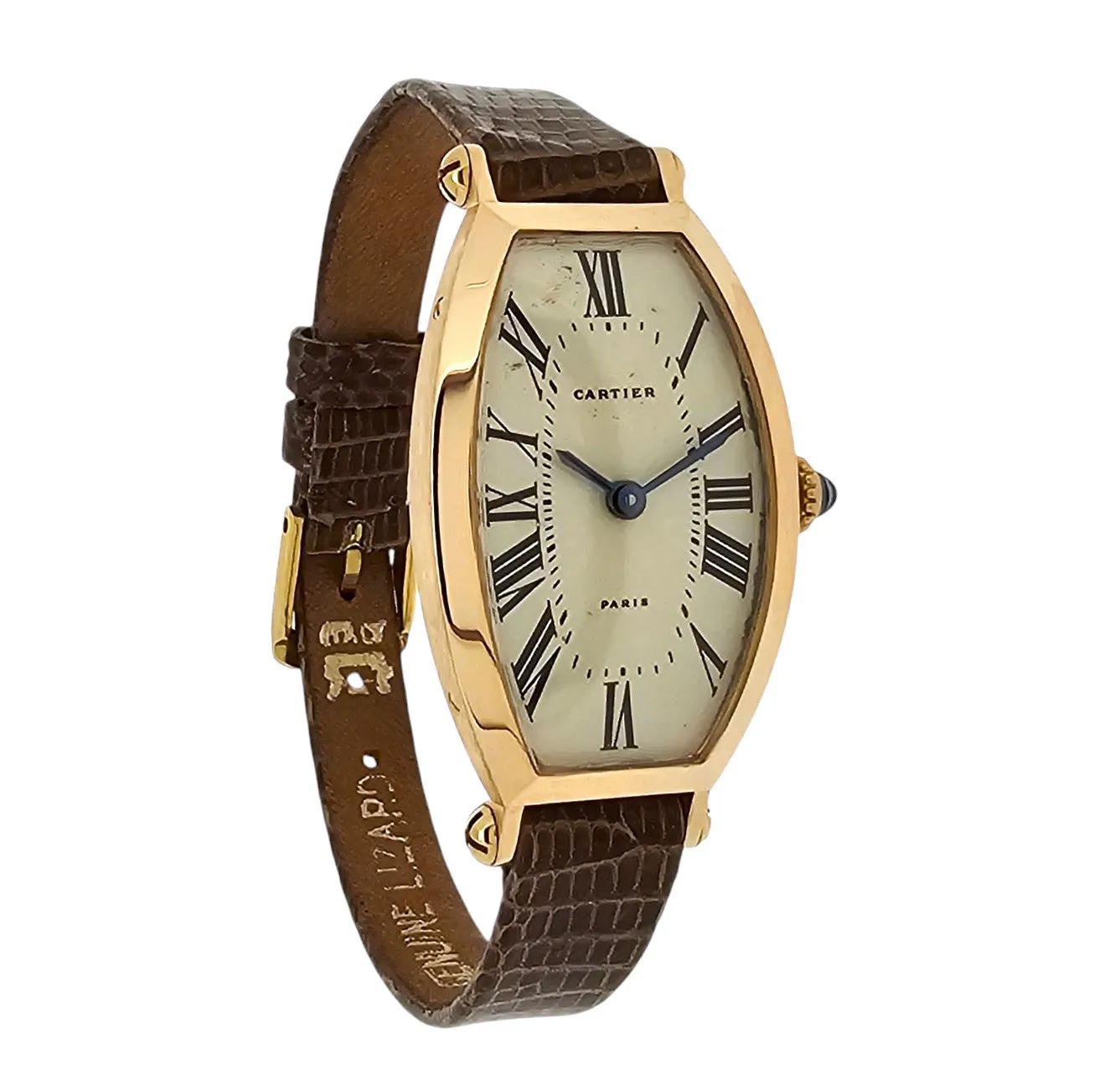 Cartier Paris Rose Gold Tonneau shaped watch that curves on the wrist.  Circa 1990's