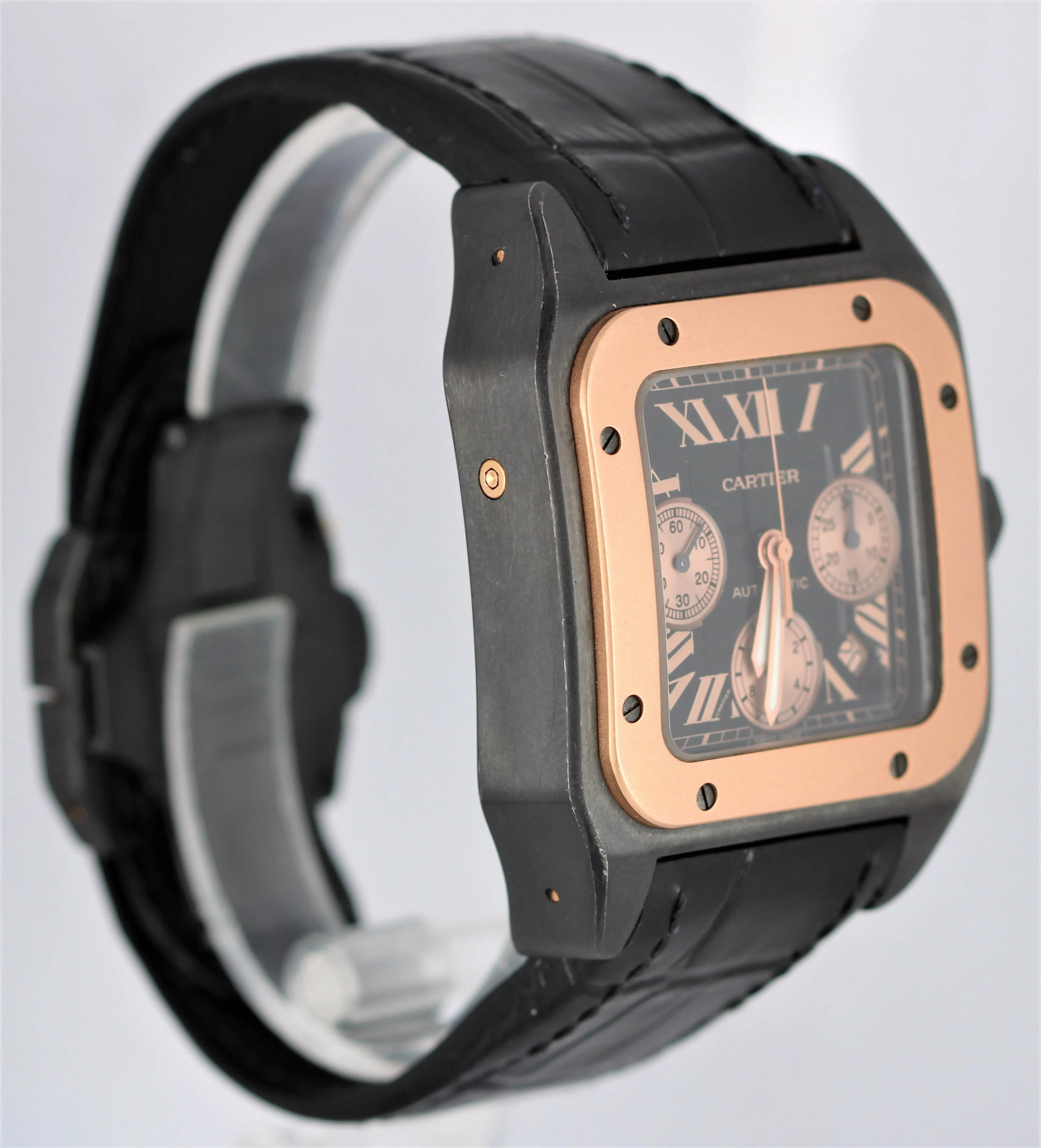 Cartier Santos 100 Large 18k Rose Gold Black 52x41mm Leather W2020004 3104 Watch