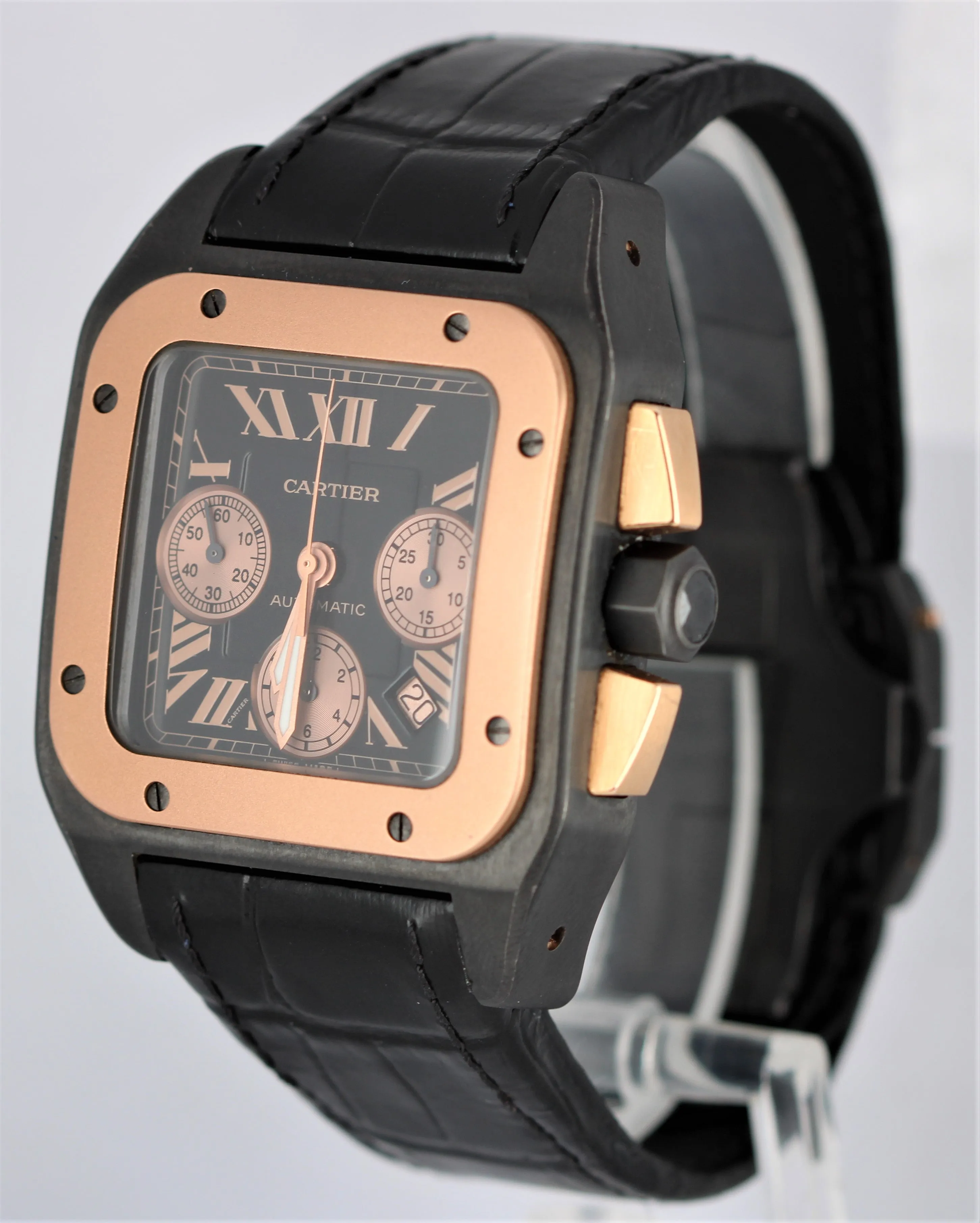 Cartier Santos 100 Large 18k Rose Gold Black 52x41mm Leather W2020004 3104 Watch