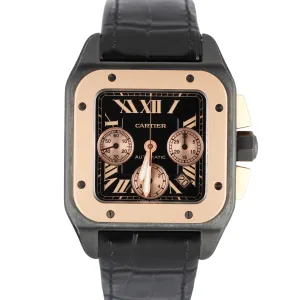 Cartier Santos 100 Large 18k Rose Gold Black 52x41mm Leather W2020004 3104 Watch