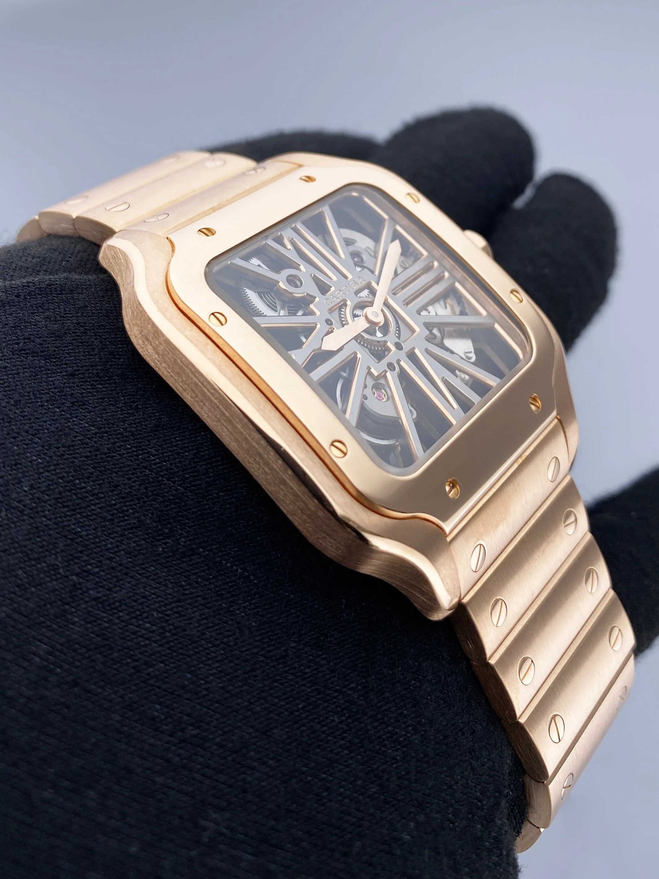 Cartier Santos Large WHSA0016 Skeleton Dial Rose Gold Mens Watch Papers Box
