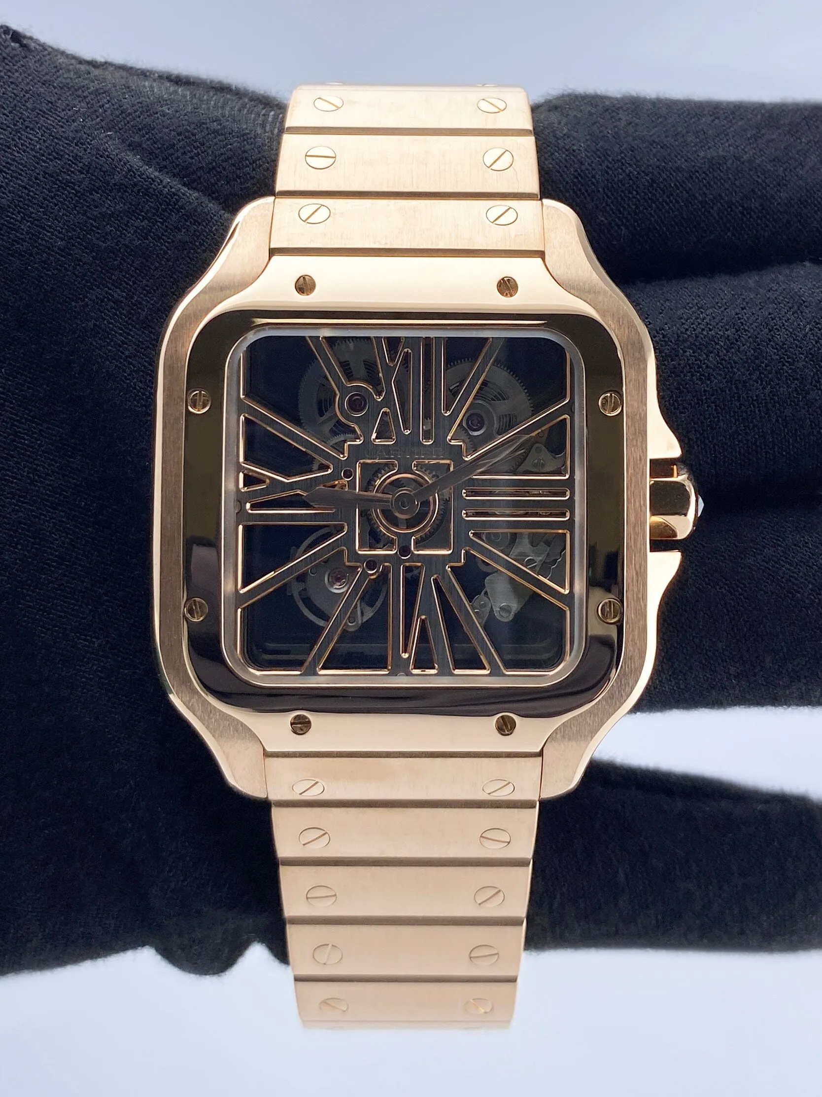 Cartier Santos Large WHSA0016 Skeleton Dial Rose Gold Mens Watch Papers Box
