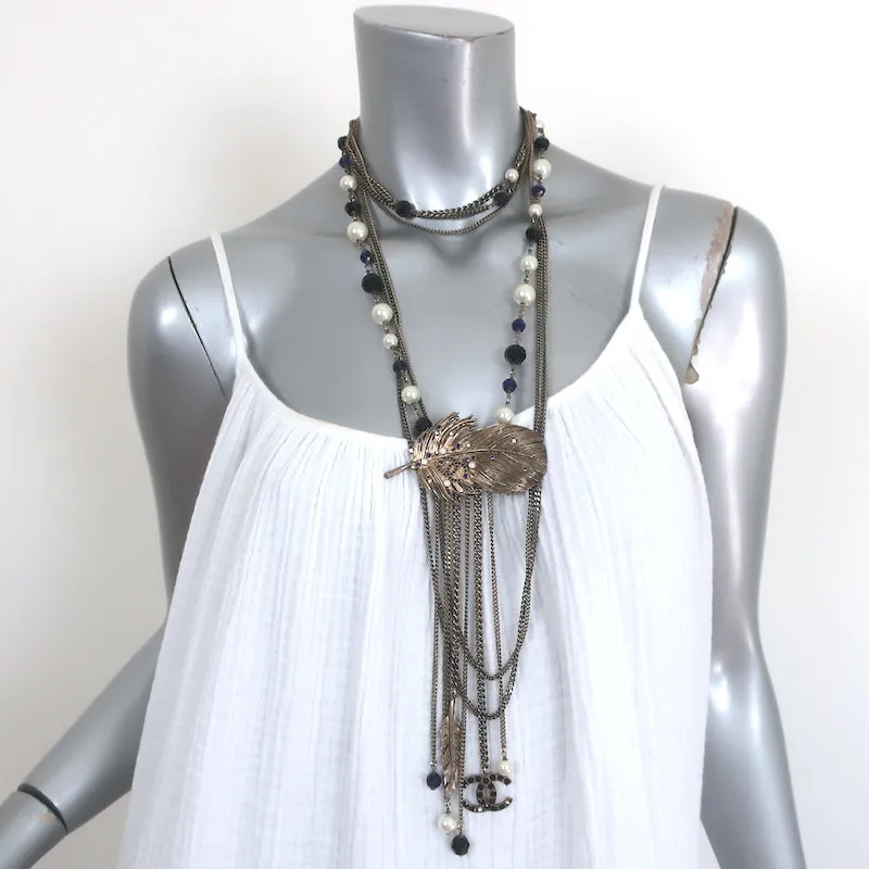 Chanel 06P Runway CC Feather Necklace Draped Chains Pearls & Beads
