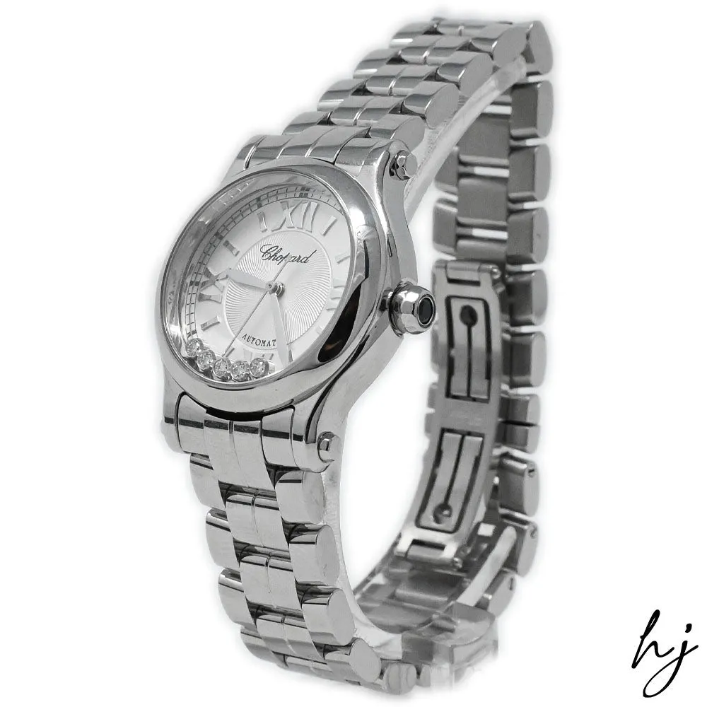 Chopard Ladies Happy Sport Stainless Steel  30mm Silver Roman Dial Watch w/ Floating Diamonds Reference #: 278573-3002