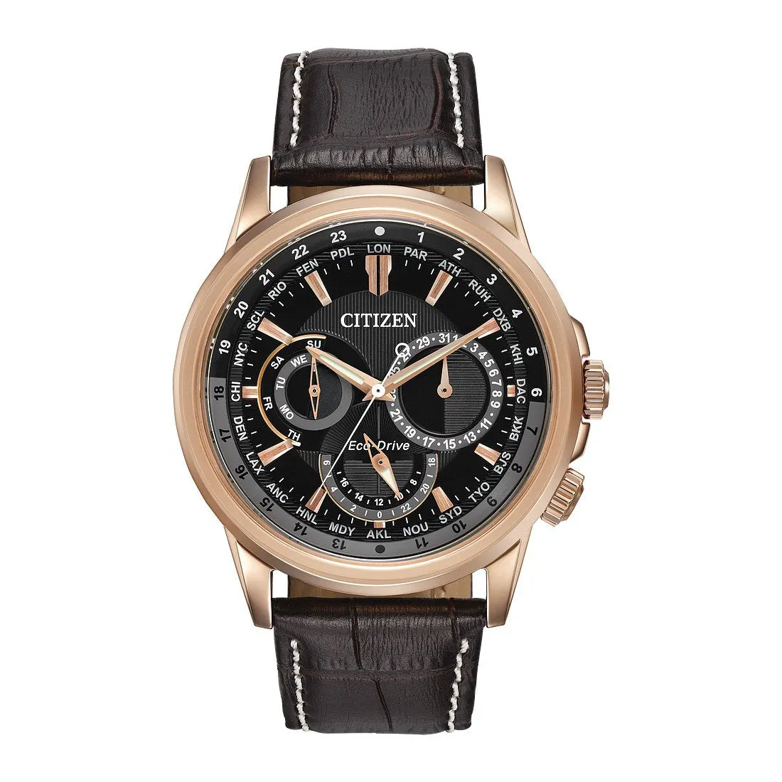 Citizen Calendrier Mens Eco Drive Rose Tone Black Dial Brown Leather Strap Watch