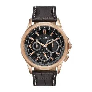 Citizen Calendrier Mens Eco Drive Rose Tone Black Dial Brown Leather Strap Watch