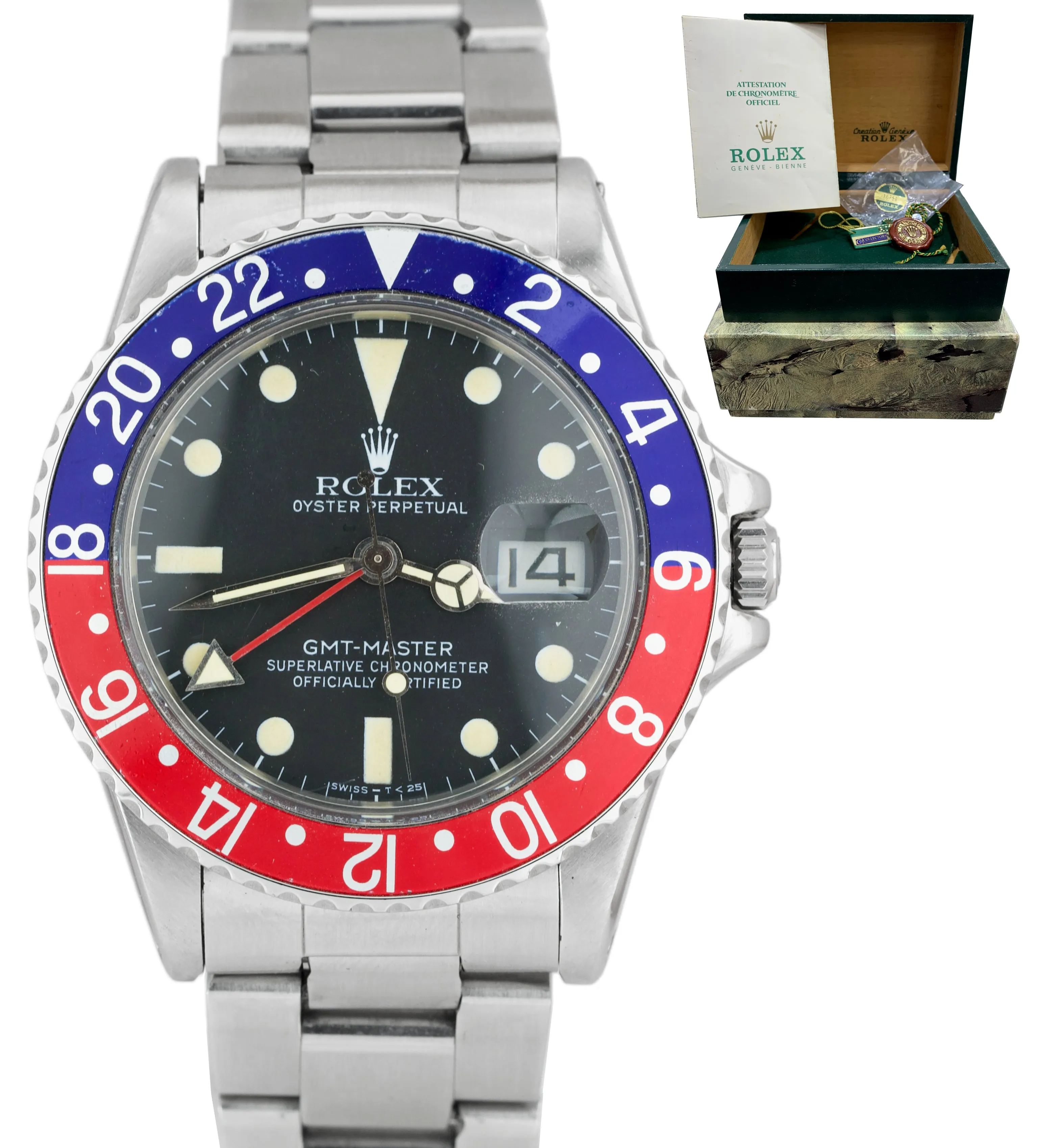 COMPLETE Vintage 1982 Rolex GMT-Master 16750 Pepsi Red Blue Patina CREAMY Watch