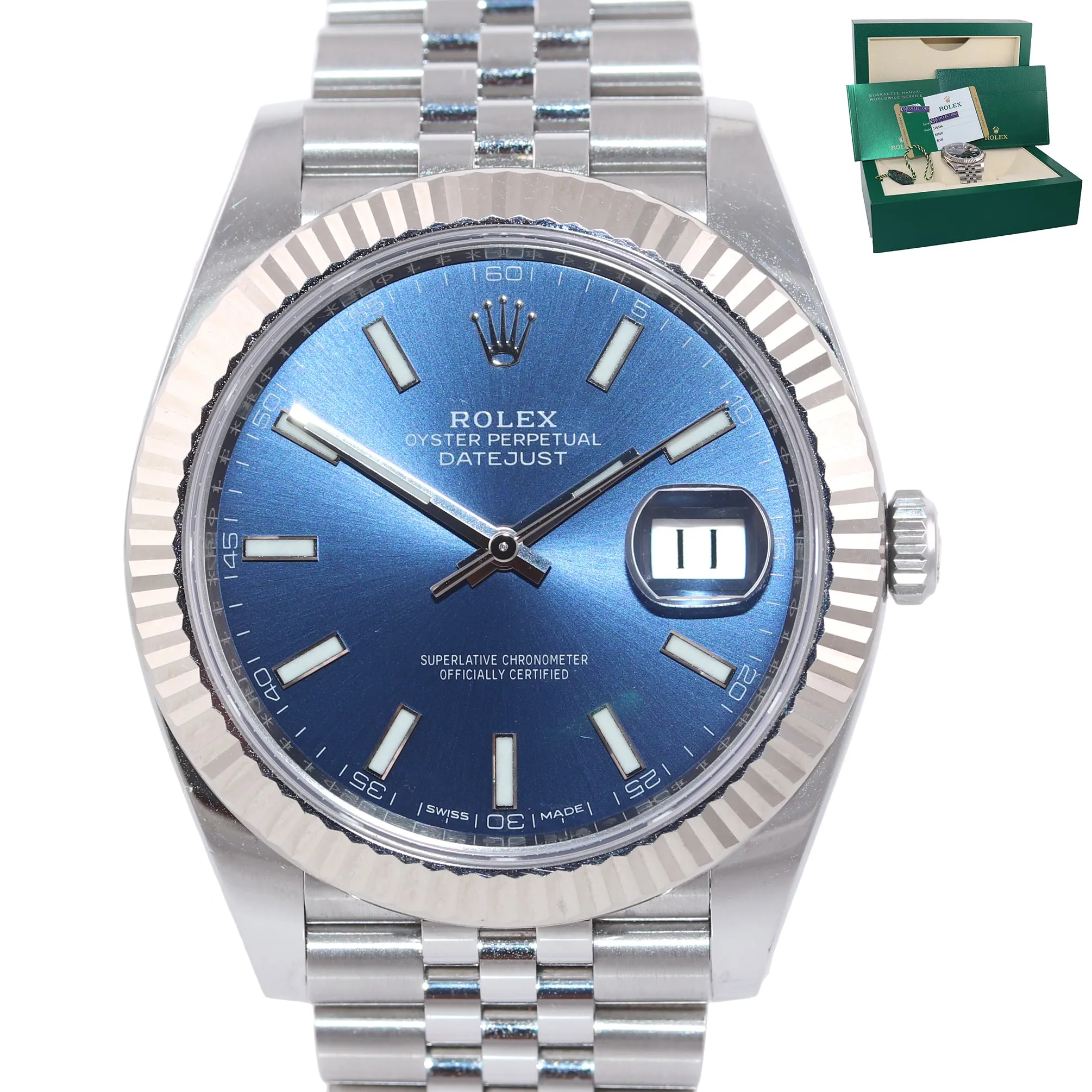 Copy of 2018 MINT PAPERS Rolex DateJust 41 Blue Stick Super Jubilee Fluted 12633