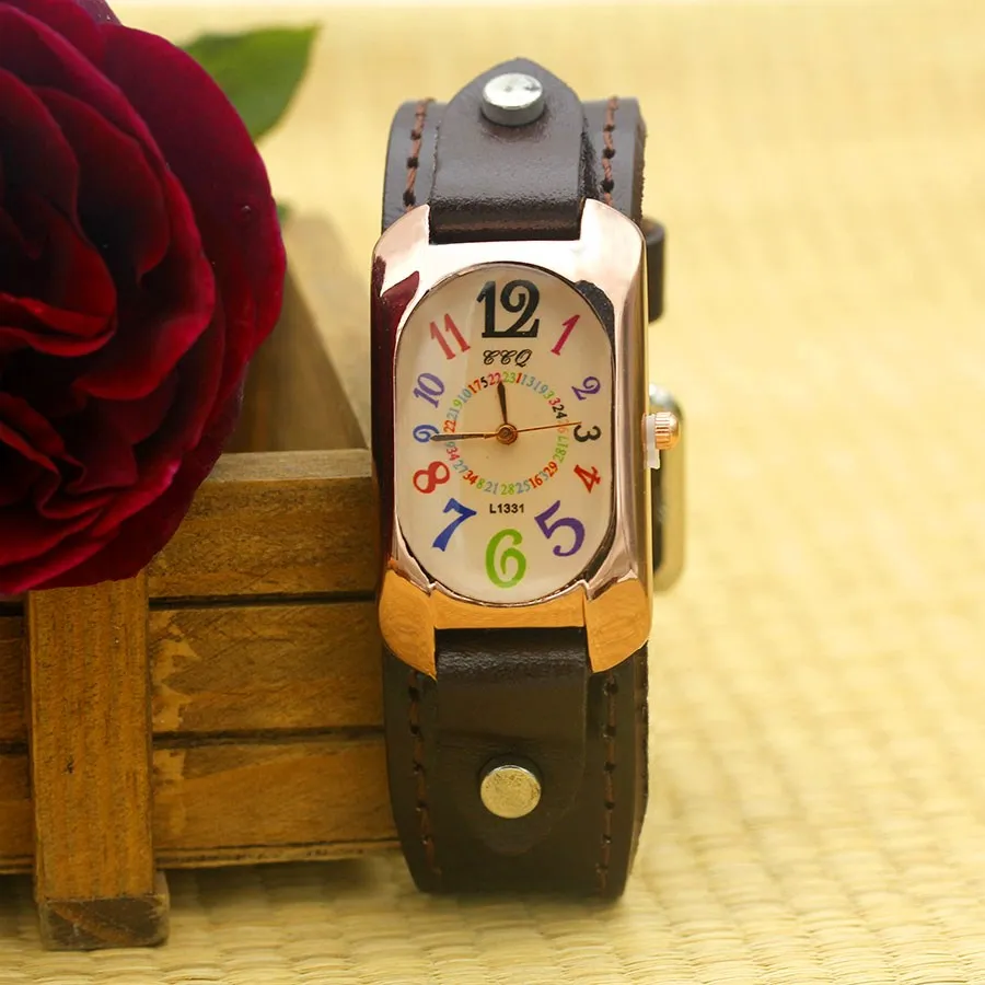 Cow Leather Strap Color Digital Rectangle Bronze Quartz Watch