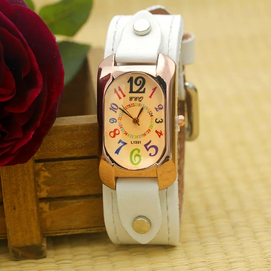Cow Leather Strap Color Digital Rectangle Bronze Quartz Watch
