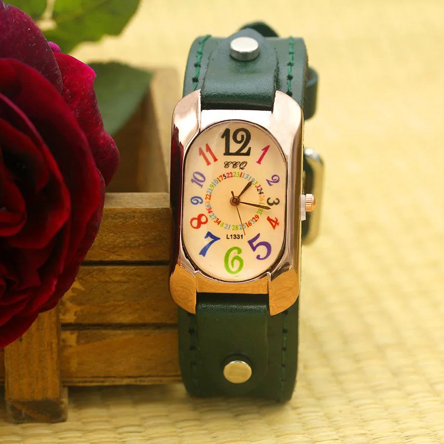 Cow Leather Strap Color Digital Rectangle Bronze Quartz Watch