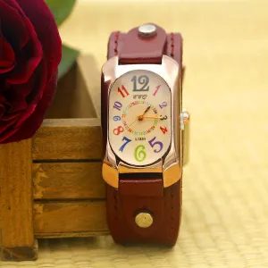 Cow Leather Strap Color Digital Rectangle Bronze Quartz Watch