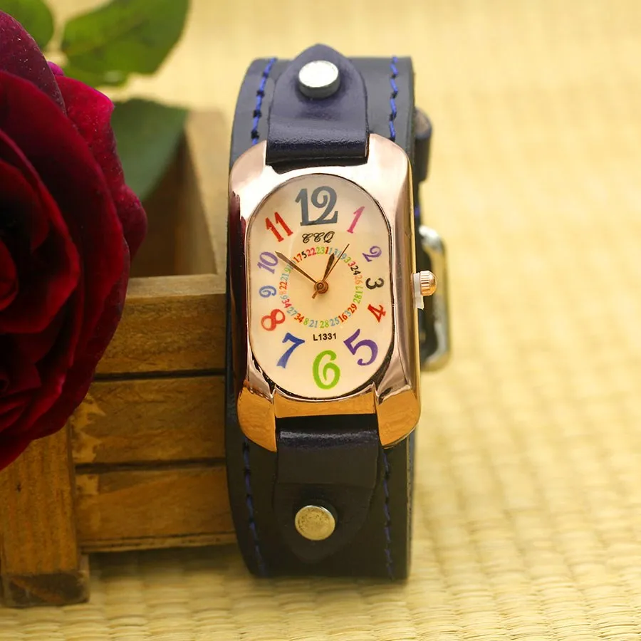 Cow Leather Strap Color Digital Rectangle Bronze Quartz Watch
