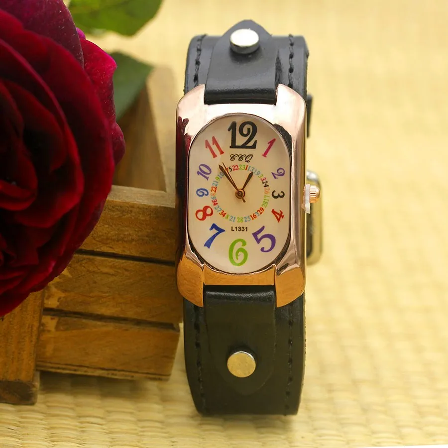 Cow Leather Strap Color Digital Rectangle Bronze Quartz Watch
