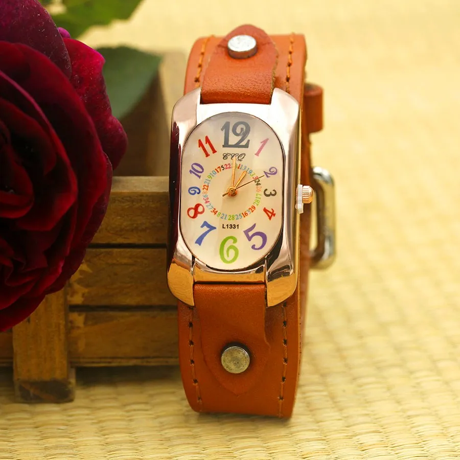 Cow Leather Strap Color Digital Rectangle Bronze Quartz Watch