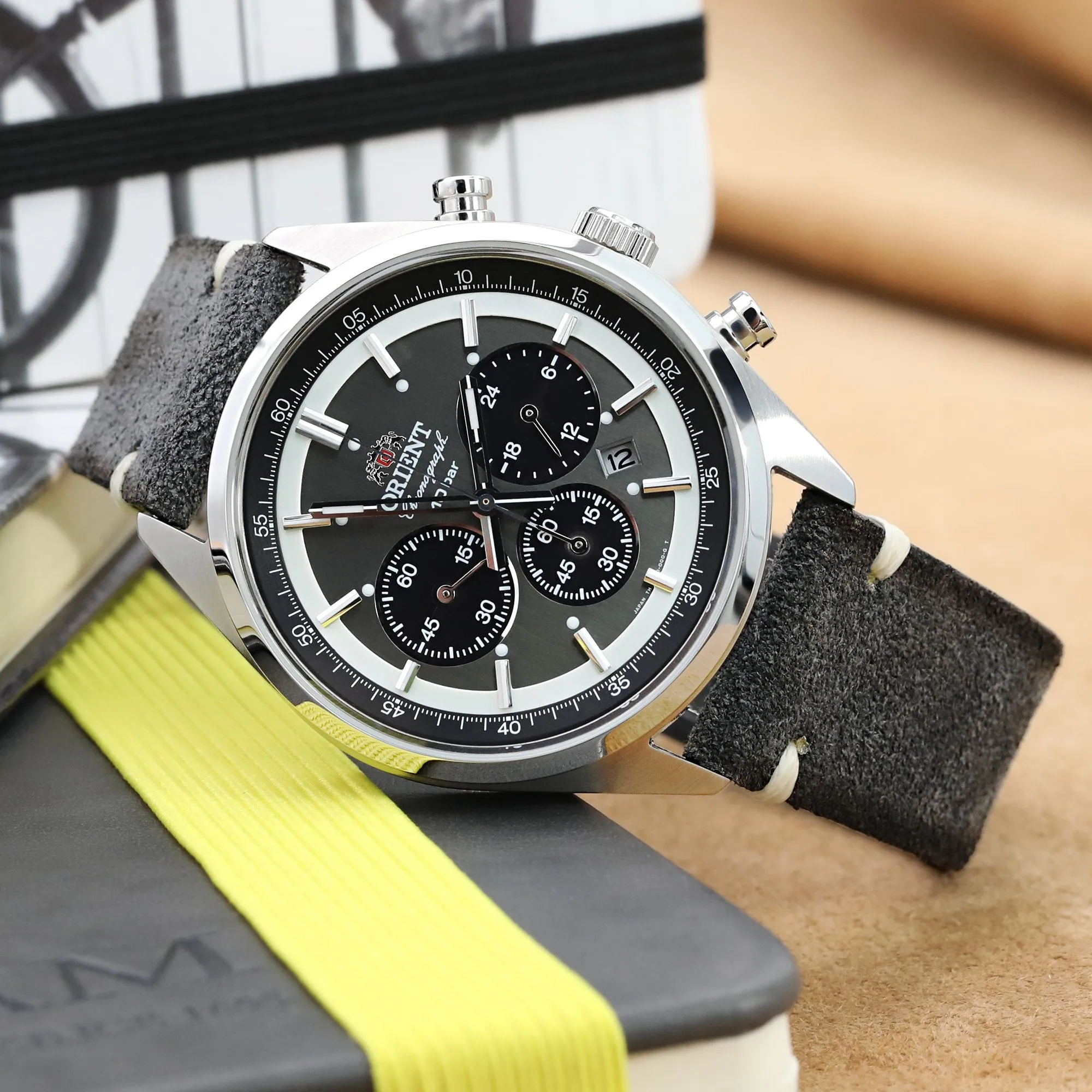 Dark Grey 20mm, 21mm, 22mm MiLTAT Quick Release Nubuck Leather Watch Strap, Beige Stitching, Sandblasted