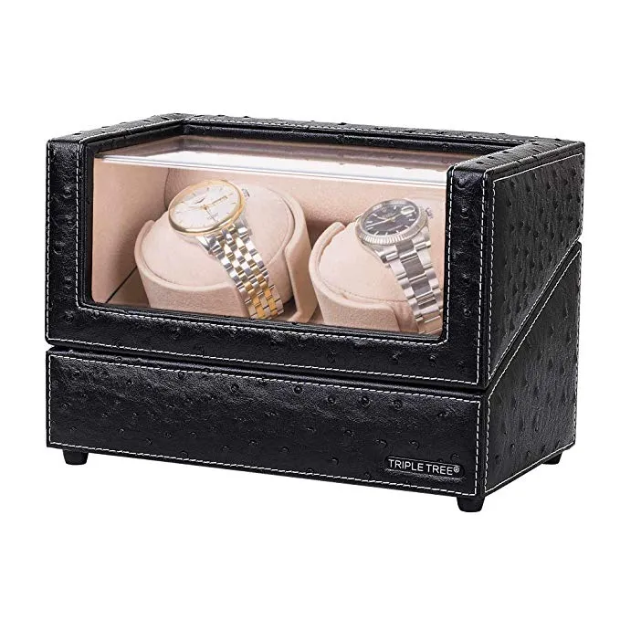 Deluxe Double Watch Winder Display Box in Black Leather, TRIPLE TREE