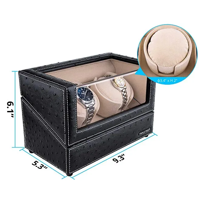 Deluxe Double Watch Winder Display Box in Black Leather, TRIPLE TREE
