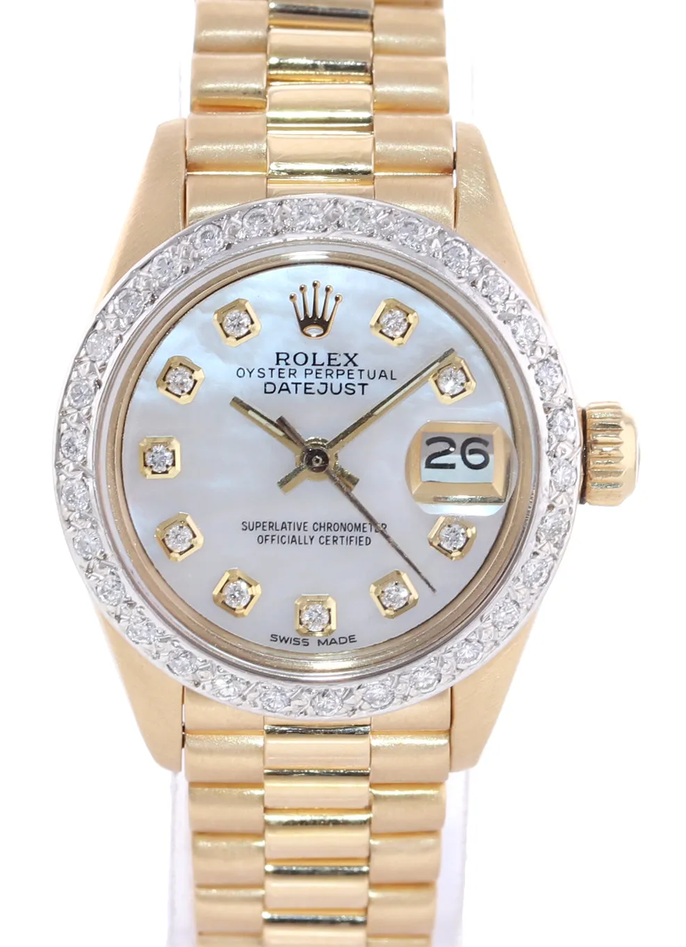 Diamond Bezel Ladies Rolex DateJust President 26mm MOP Diamond 6917 18k Watch