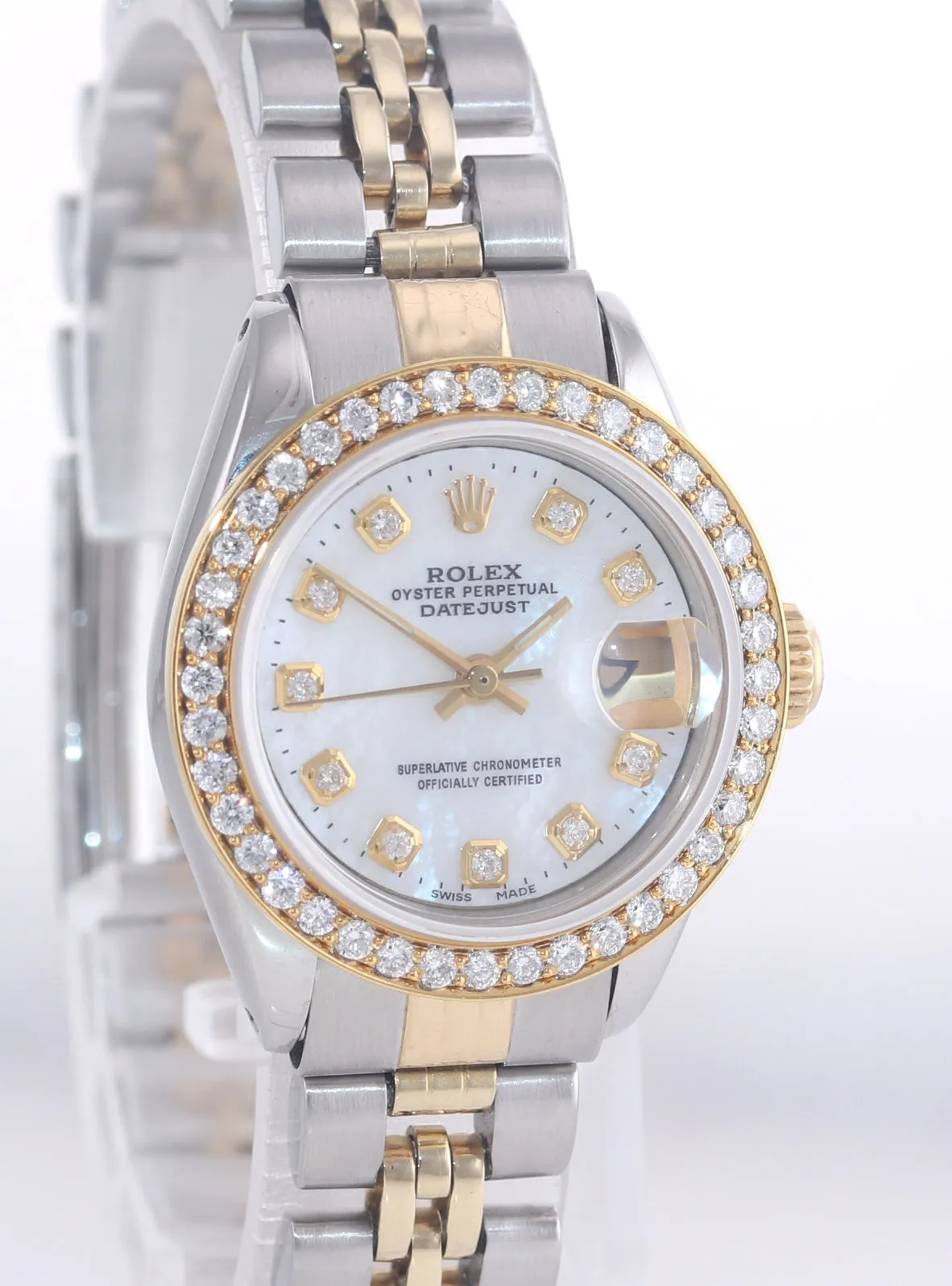 DIAMONDS Ladies Rolex DateJust 26mm MOP 6917 18k Yellow Gold Steel Watch