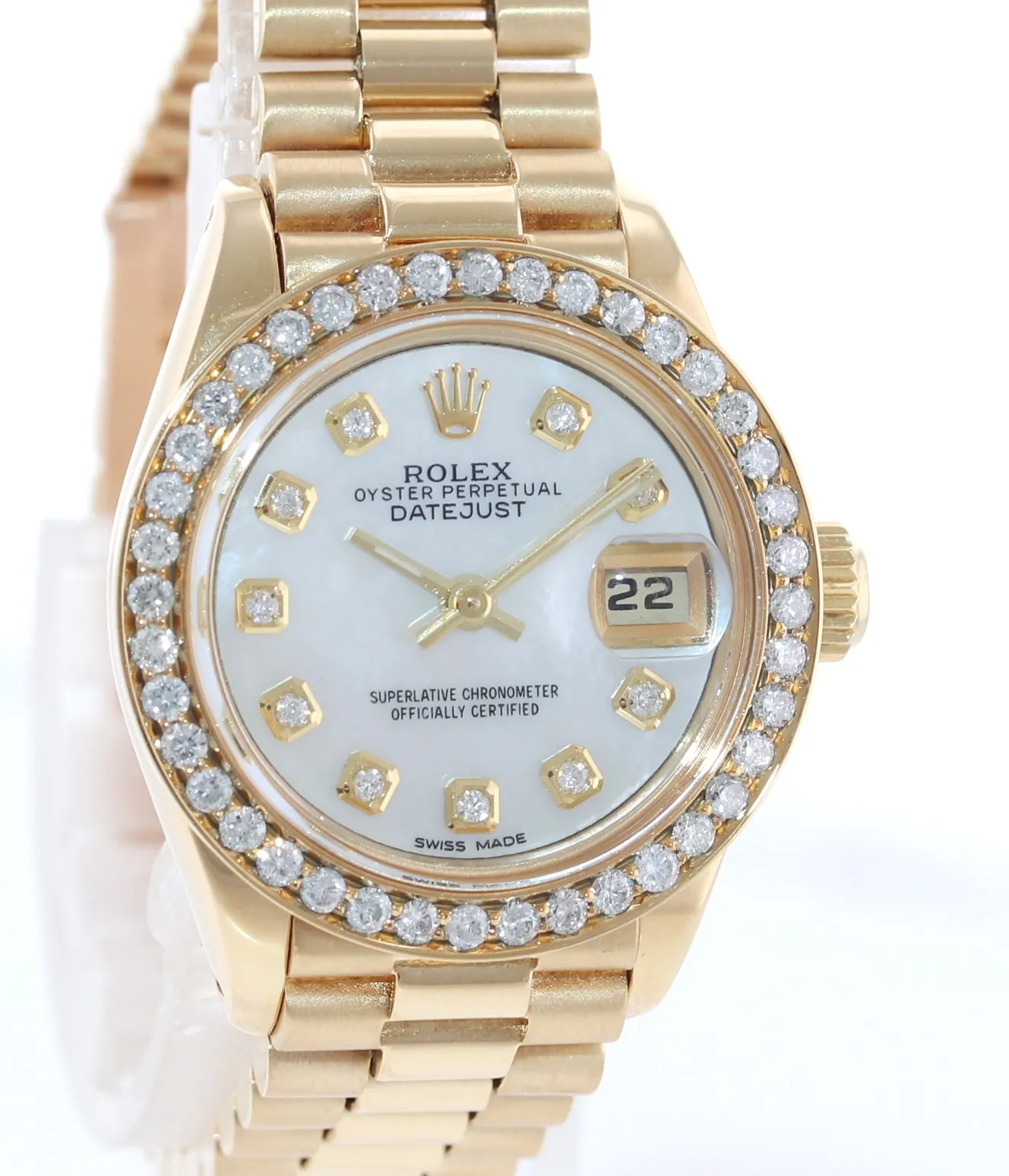 DIAMONDS Ladies Rolex DateJust President 26mm MOP 6917 18k Yellow Gold Watch