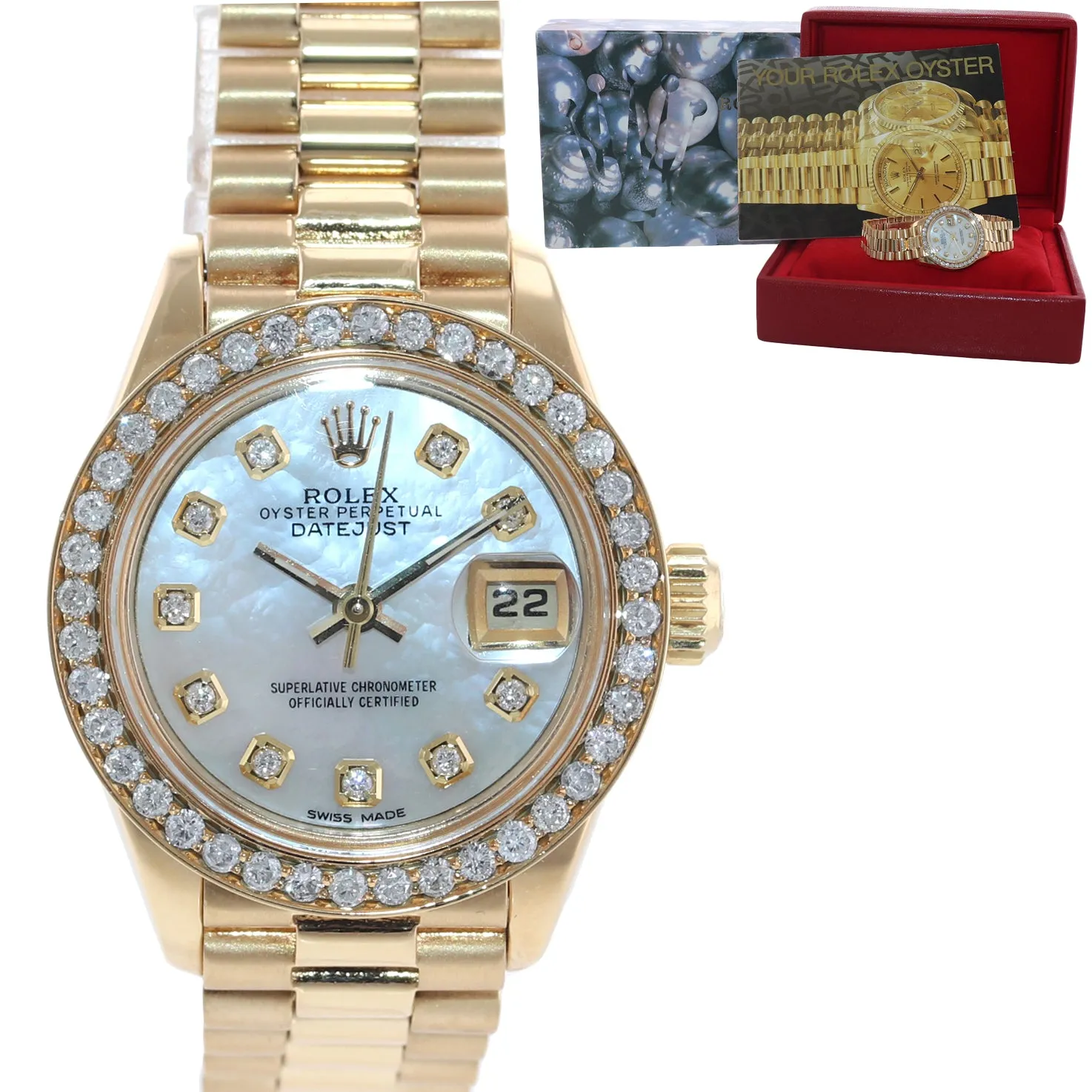 DIAMONDS Ladies Rolex DateJust President 26mm MOP 6917 18k Yellow Gold Watch