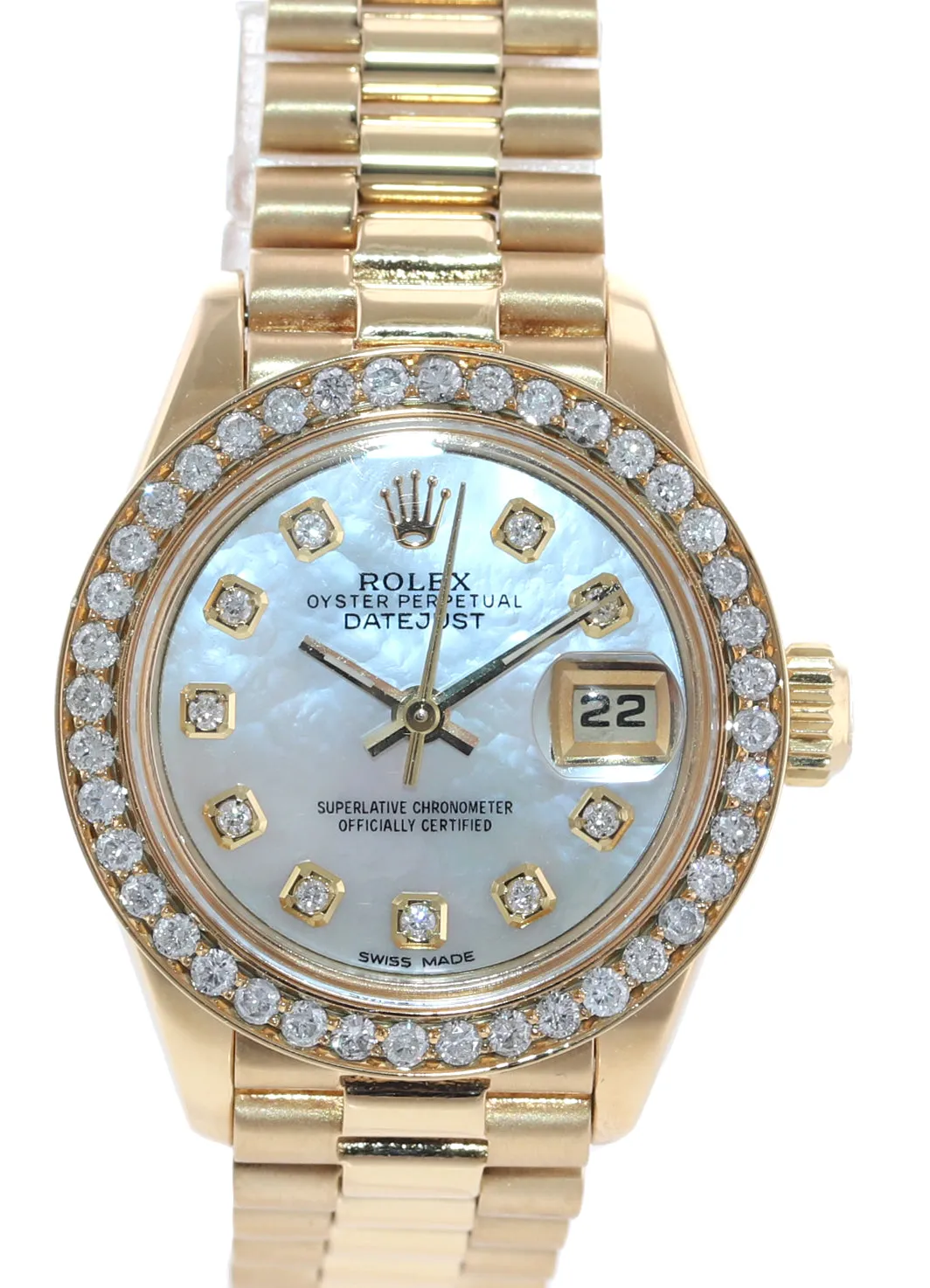 DIAMONDS Ladies Rolex DateJust President 26mm MOP 6917 18k Yellow Gold Watch