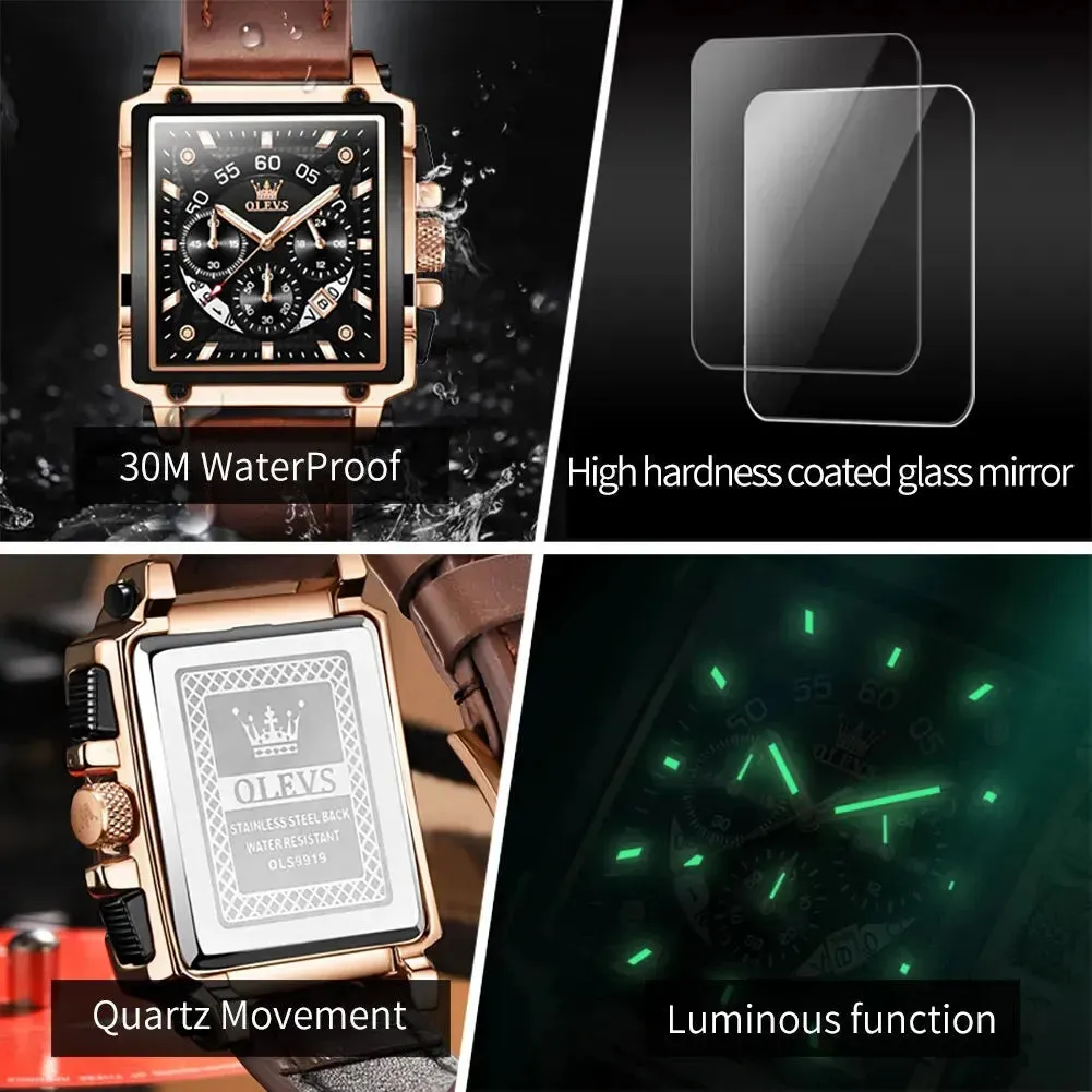 Elegance® 9919 Classic Executive Male Watches Square Quartz Watch Watch For Men Waterproof Leather Strap Sport Clock Male