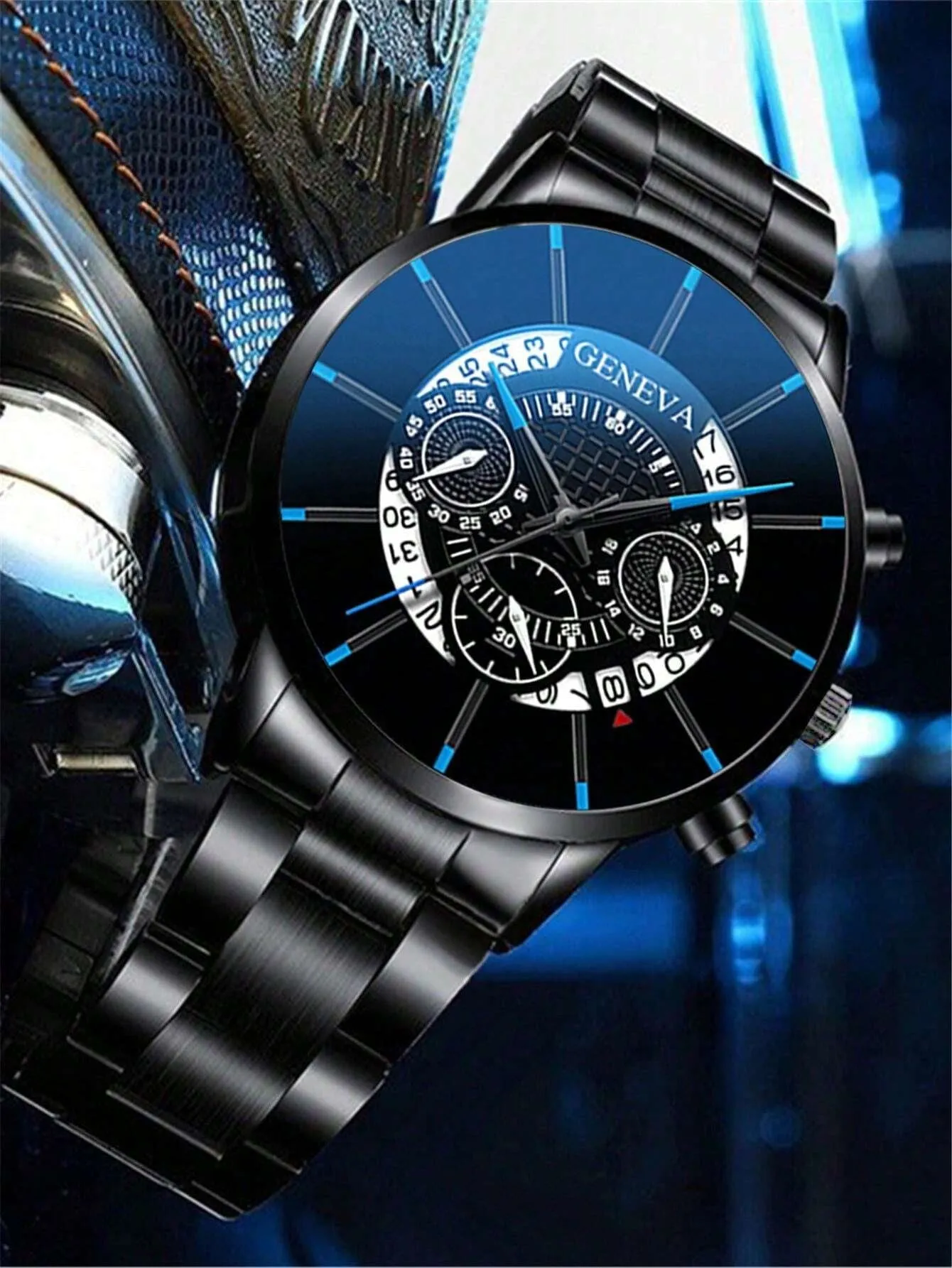 Elegant Black Stainless Steel Quartz Watch & Jewelry Set - Perfect Gift for Students Returning to School!