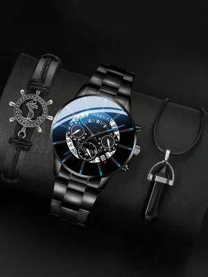 Elegant Black Stainless Steel Quartz Watch & Jewelry Set - Perfect Gift for Students Returning to School!