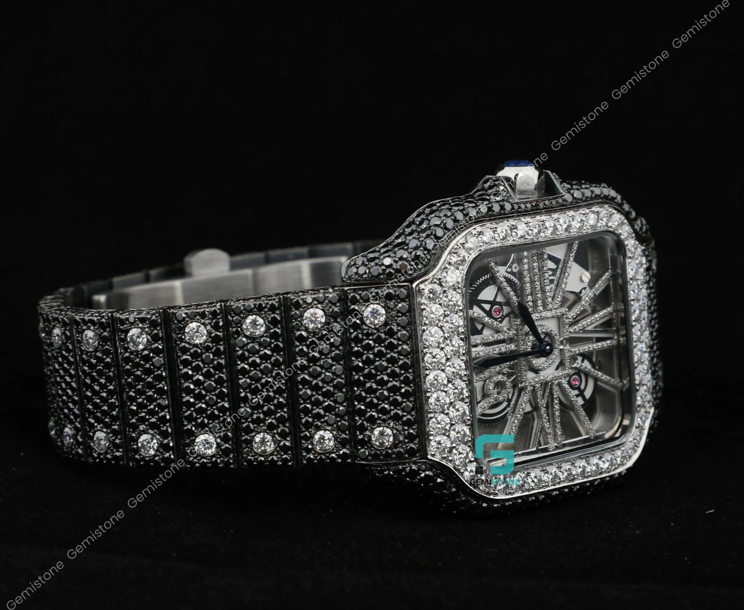 Elegant Stylish 41MM Black Moissanite Diamond Skeleton Watch