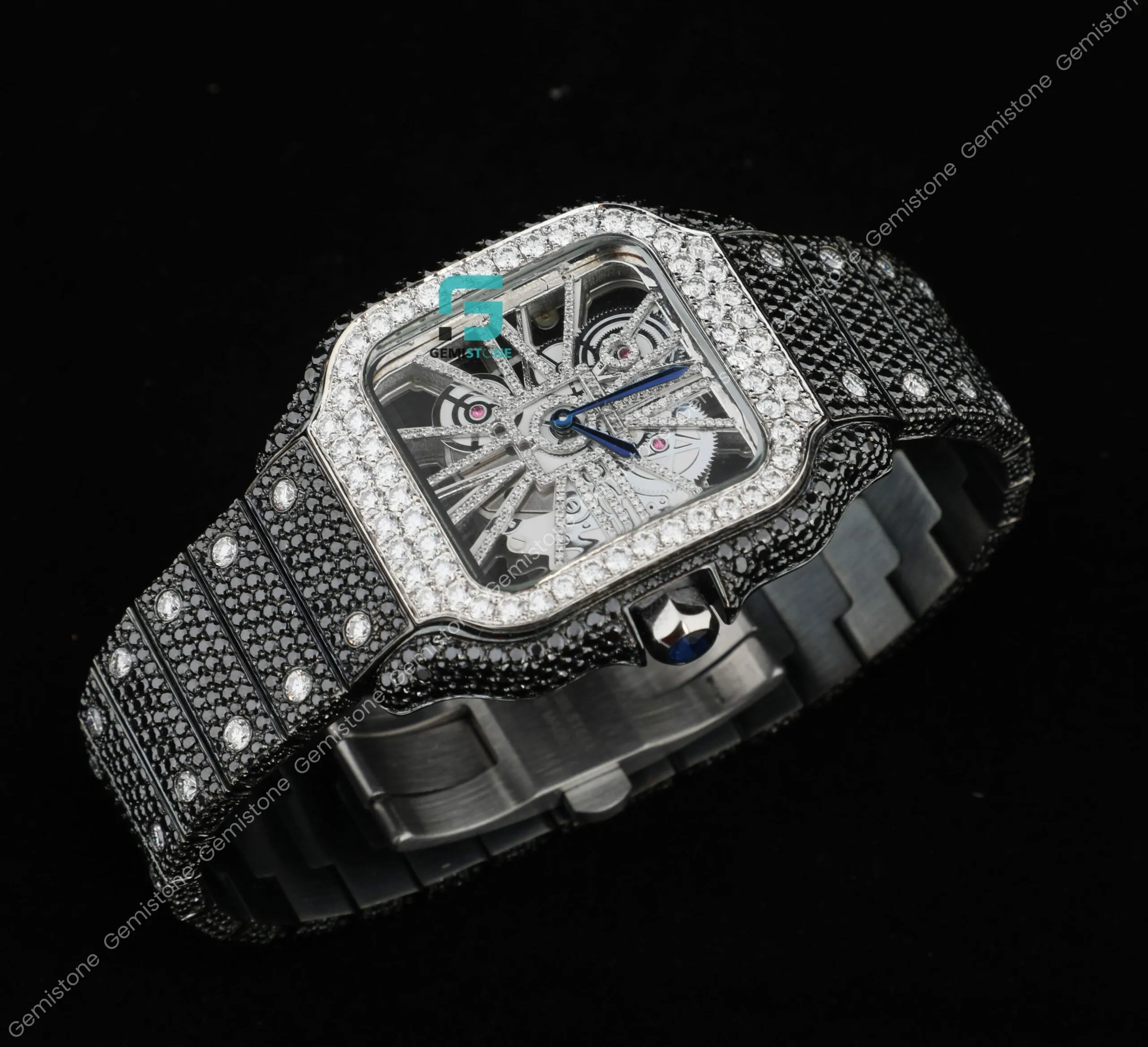 Elegant Stylish 41MM Black Moissanite Diamond Skeleton Watch