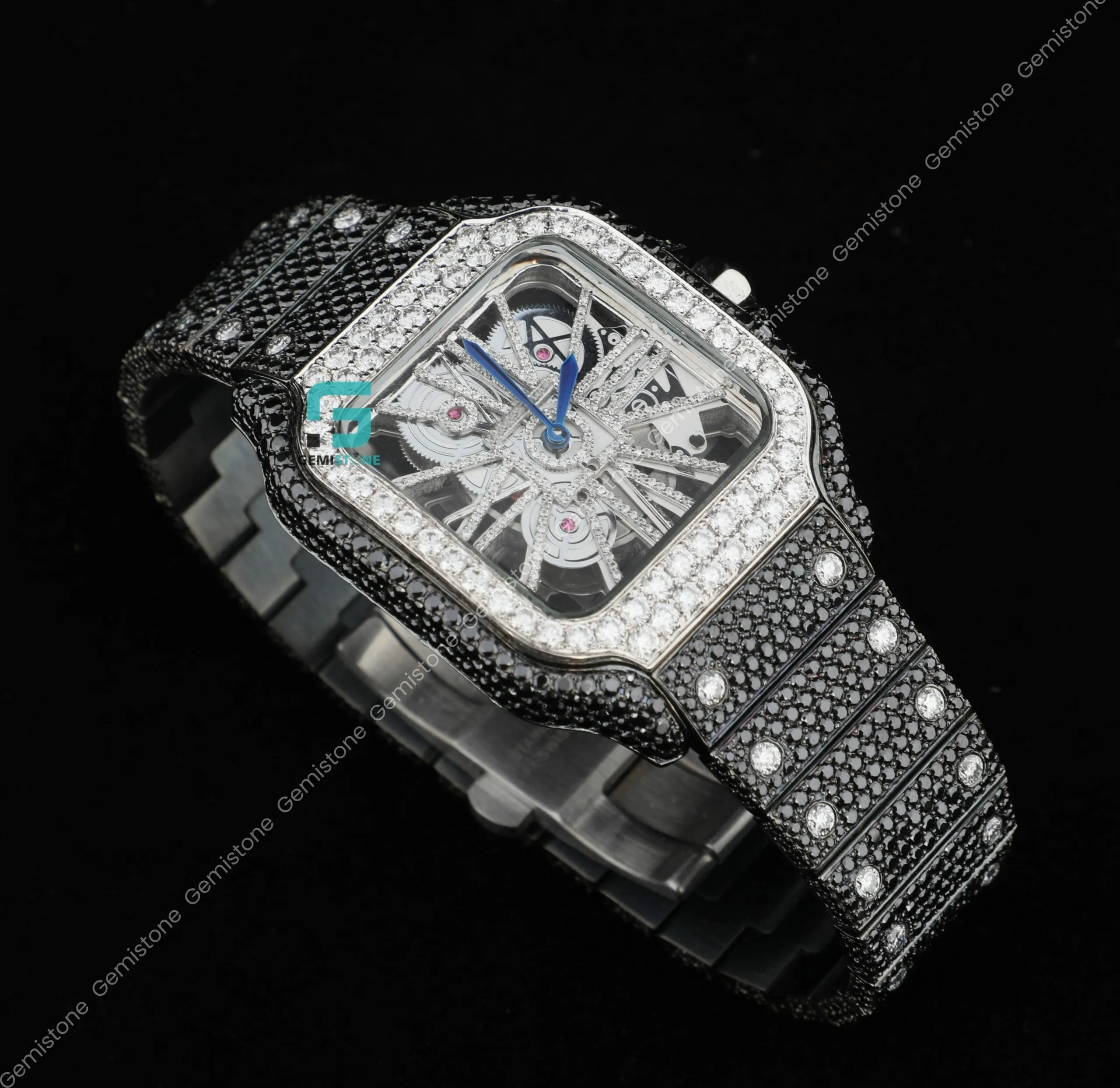 Elegant Stylish 41MM Black Moissanite Diamond Skeleton Watch