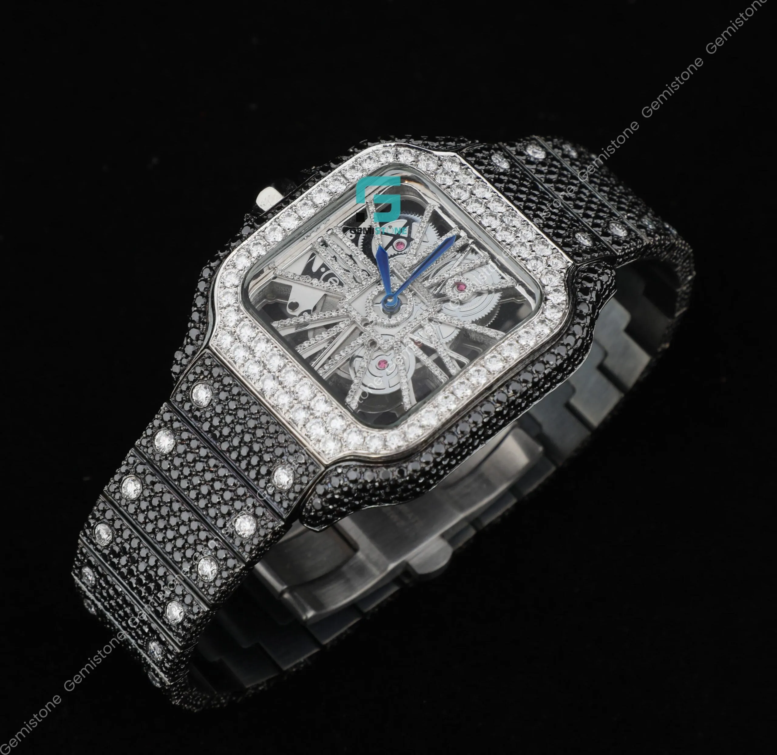 Elegant Stylish 41MM Black Moissanite Diamond Skeleton Watch
