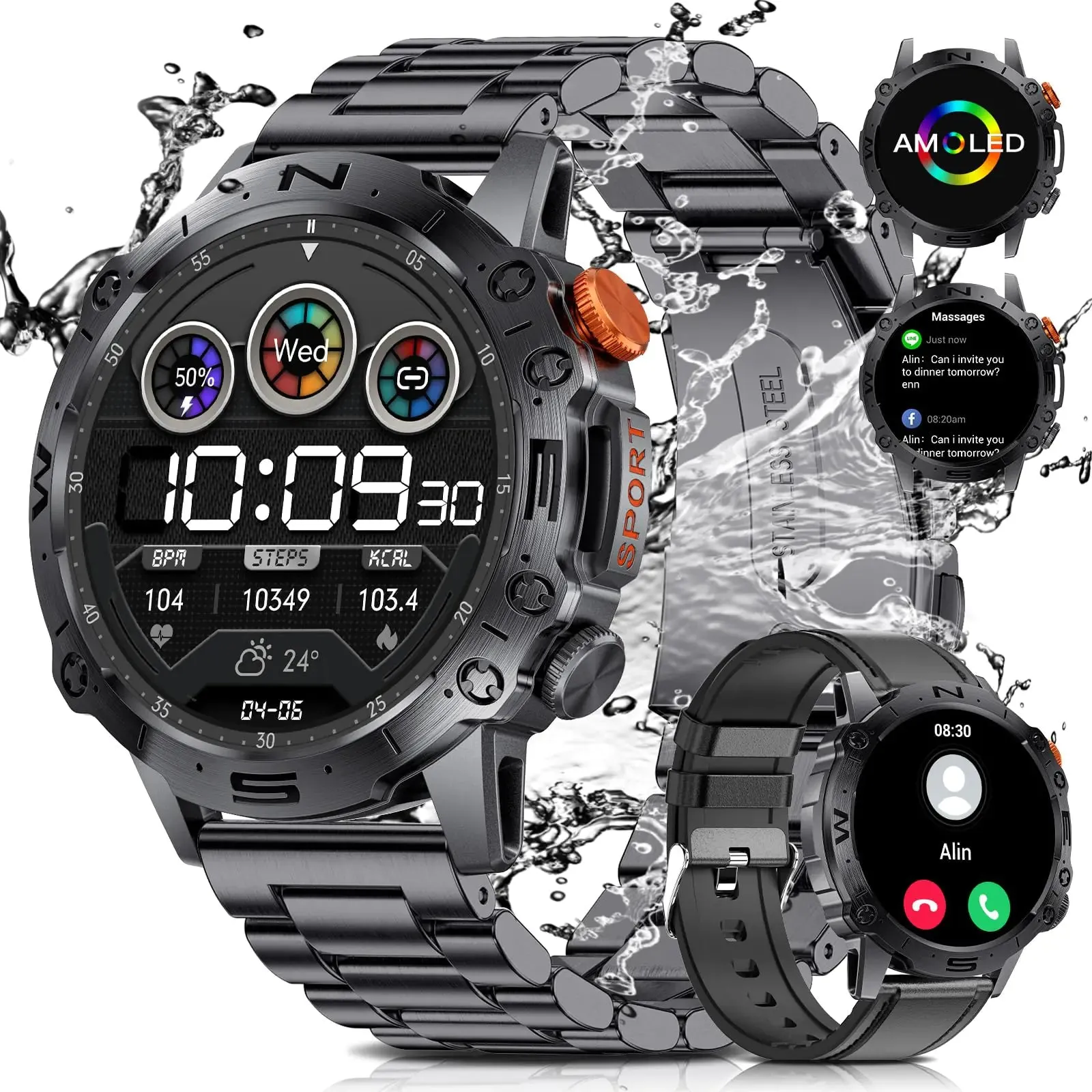 ESFOE 1.43 AMOLED Military Smart Watches for Men 5ATM Waterproof/460mAh/126 Sports Modes Fitness Tracker Heart Rate Blood Pressure SpO2 Monitor Tactical Smart Watches Android iOS