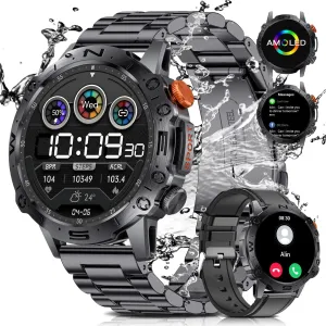 ESFOE 1.43 AMOLED Military Smart Watches for Men 5ATM Waterproof/460mAh/126 Sports Modes Fitness Tracker Heart Rate Blood Pressure SpO2 Monitor Tactical Smart Watches Android iOS