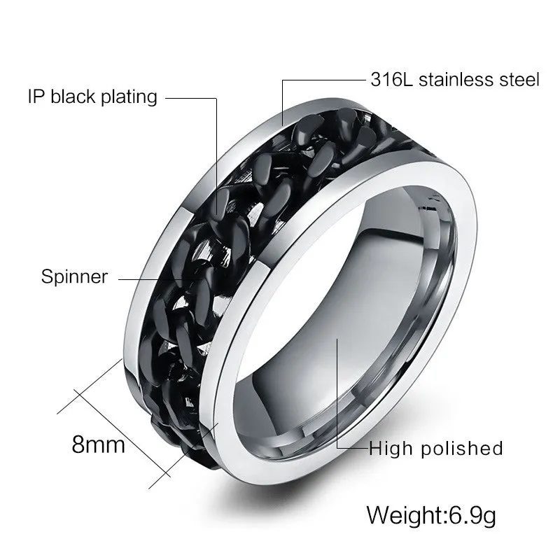 Fashion Men's Ring The Punk Rock Accessories Stainless Steel Black Chain Spinner Rings For Men