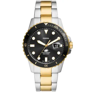 Fossil Blue Gents Black Dial Two-Tone Silver Gold Watch