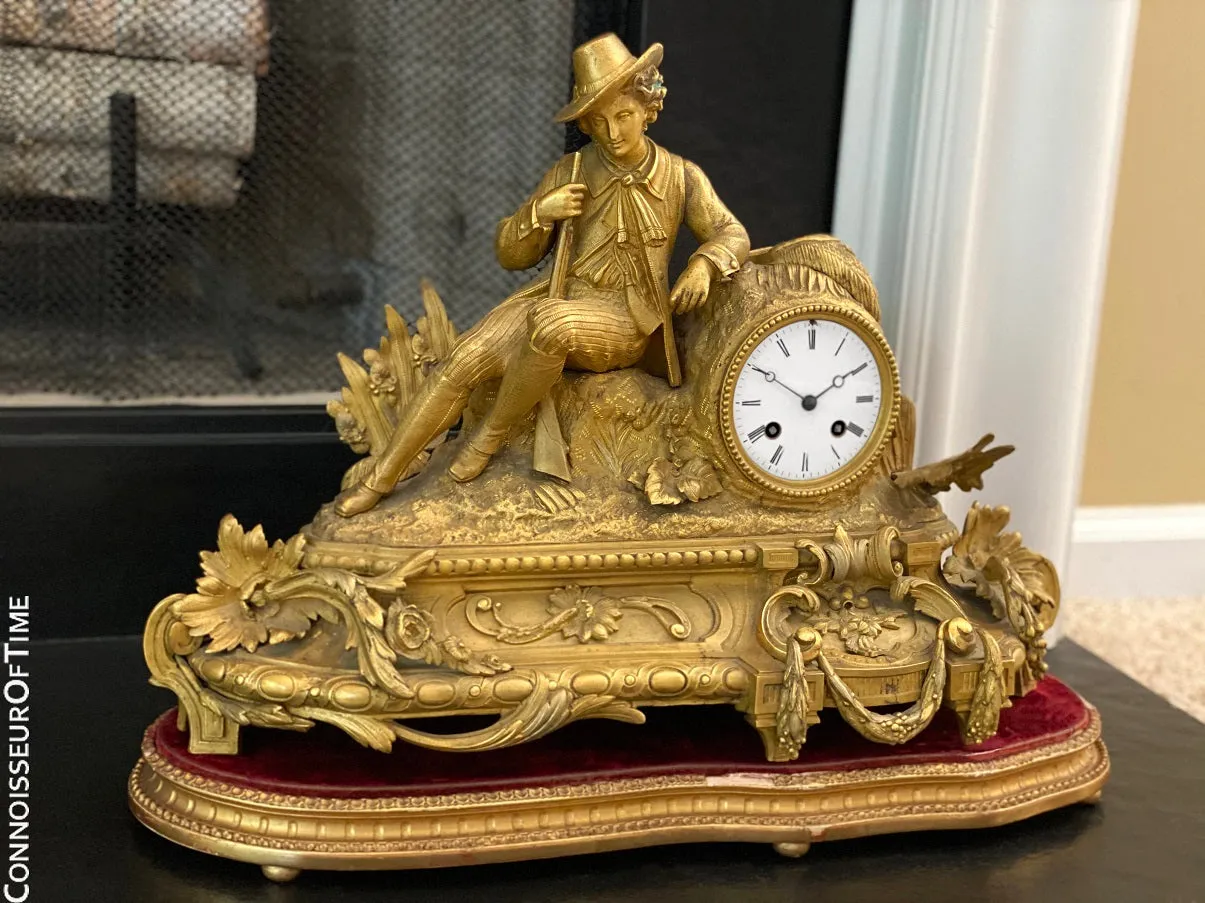 French Gilt-Bronze Figural Hunter Mantel Clock - *OWNED & USED in Master Bedroom by JOHNNY CASH*