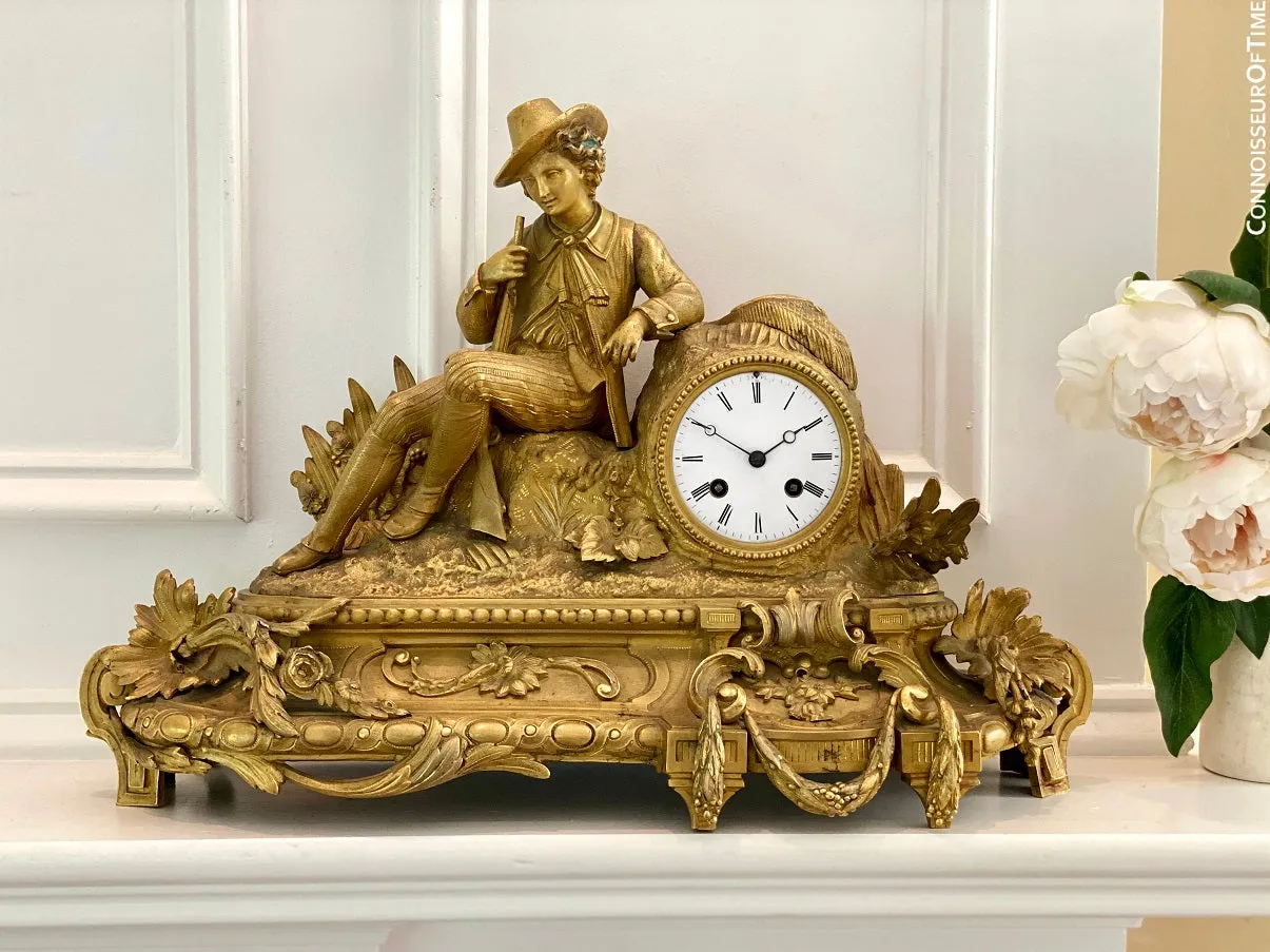 French Gilt-Bronze Figural Hunter Mantel Clock - *OWNED & USED in Master Bedroom by JOHNNY CASH*