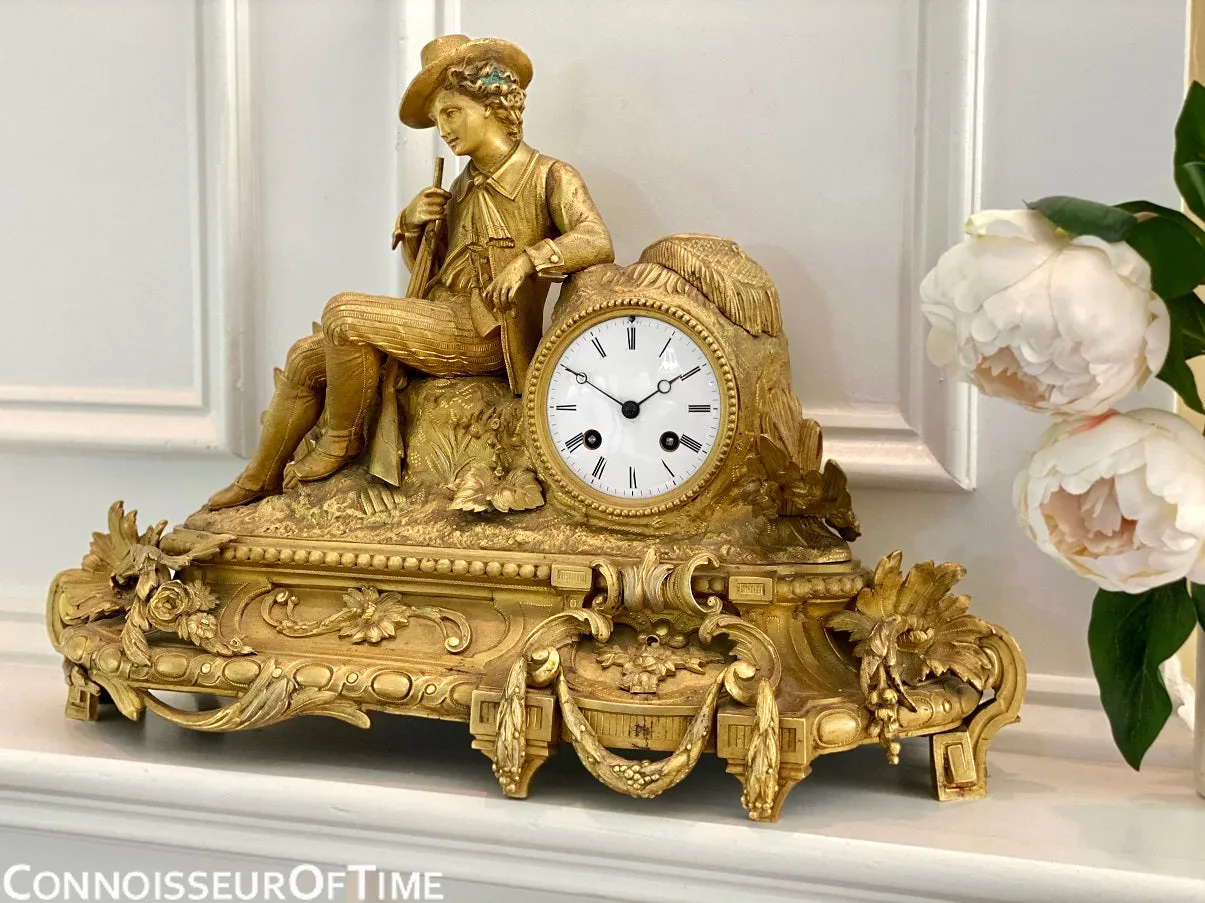 French Gilt-Bronze Figural Hunter Mantel Clock - *OWNED & USED in Master Bedroom by JOHNNY CASH*