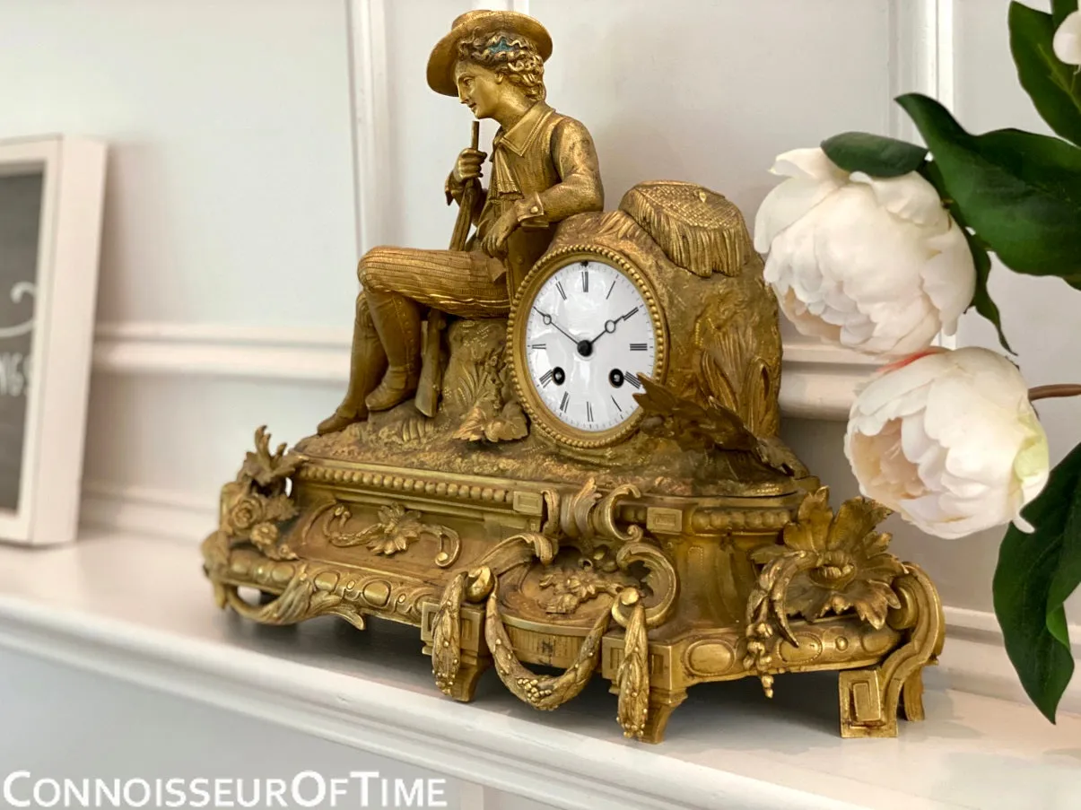 French Gilt-Bronze Figural Hunter Mantel Clock - *OWNED & USED in Master Bedroom by JOHNNY CASH*