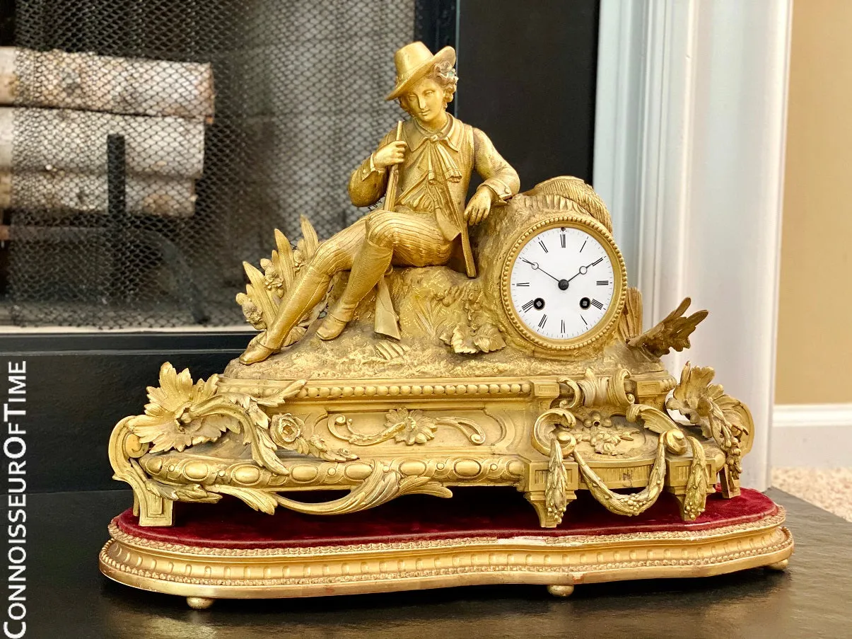 French Gilt-Bronze Figural Hunter Mantel Clock - *OWNED & USED in Master Bedroom by JOHNNY CASH*