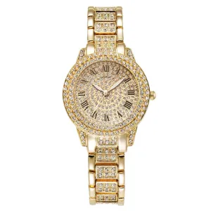 Full Diamond Roman Literal Steel Watch Bracelet Set