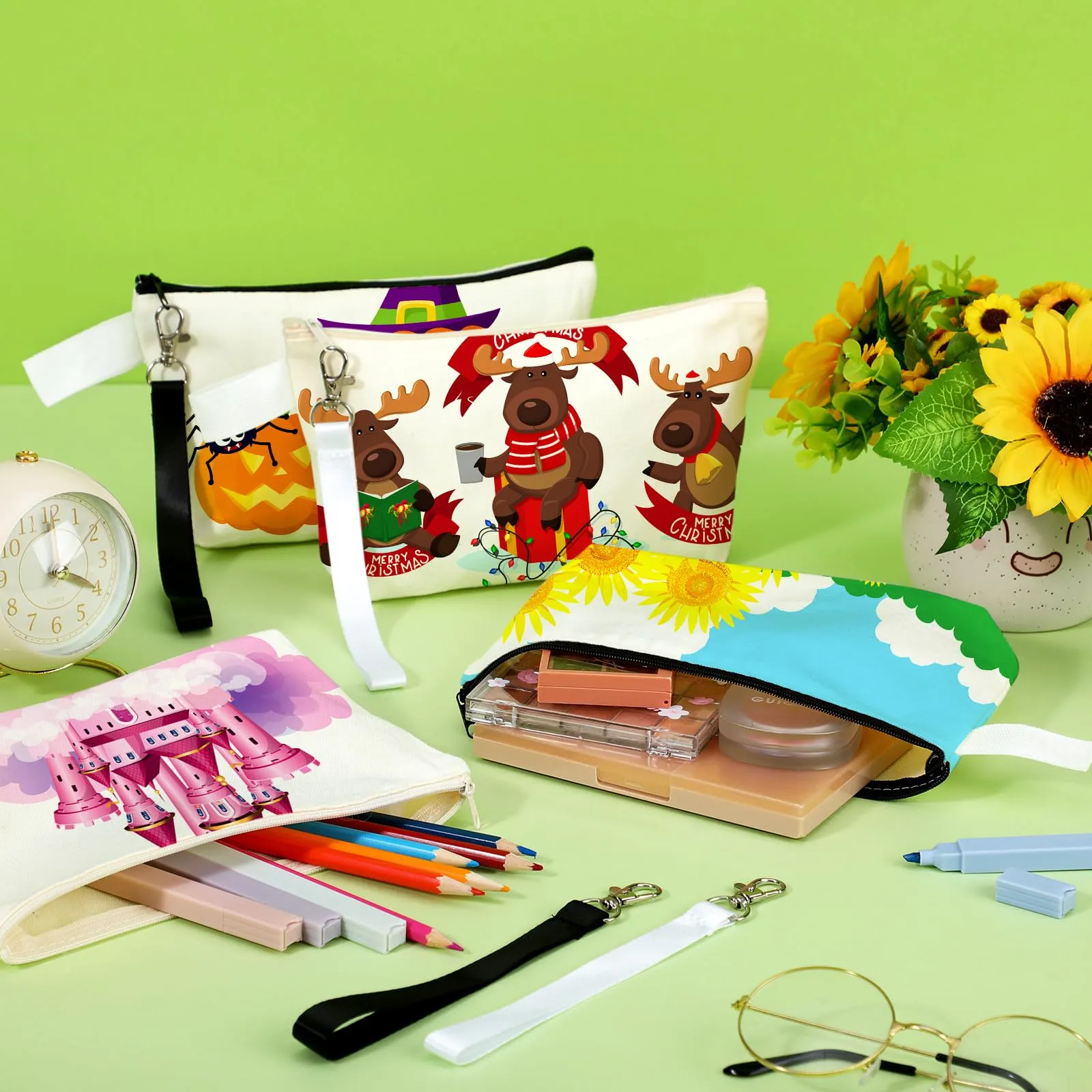 Gejoy 100 Pack Sublimation Blank Canvas Cosmetic Bags Bulk DIY Heat Transfer Makeup Bags With Wristband Lanyard Zipper Cosmetic Bags Pencil Bag for Multipurpose Printing Bag Decor, 8.66 x 5.12 inch