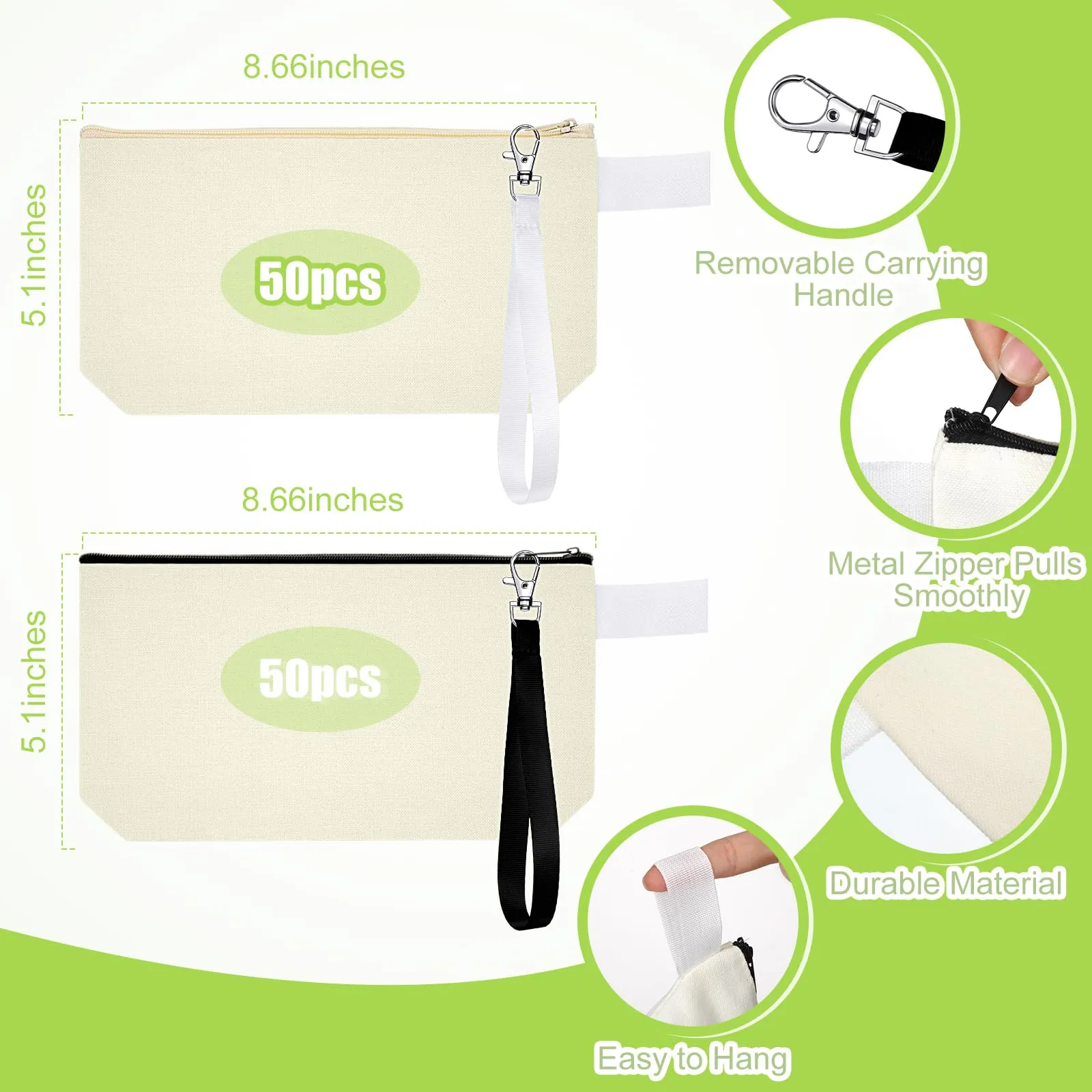 Gejoy 100 Pack Sublimation Blank Canvas Cosmetic Bags Bulk DIY Heat Transfer Makeup Bags With Wristband Lanyard Zipper Cosmetic Bags Pencil Bag for Multipurpose Printing Bag Decor, 8.66 x 5.12 inch