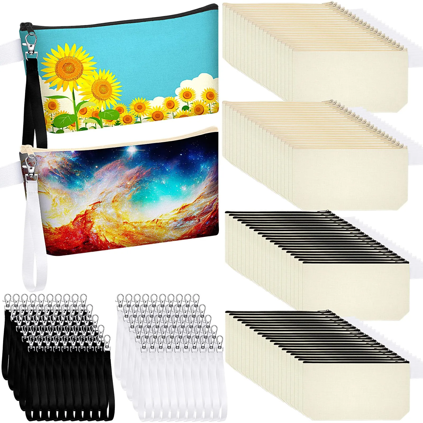 Gejoy 100 Pack Sublimation Blank Canvas Cosmetic Bags Bulk DIY Heat Transfer Makeup Bags With Wristband Lanyard Zipper Cosmetic Bags Pencil Bag for Multipurpose Printing Bag Decor, 8.66 x 5.12 inch