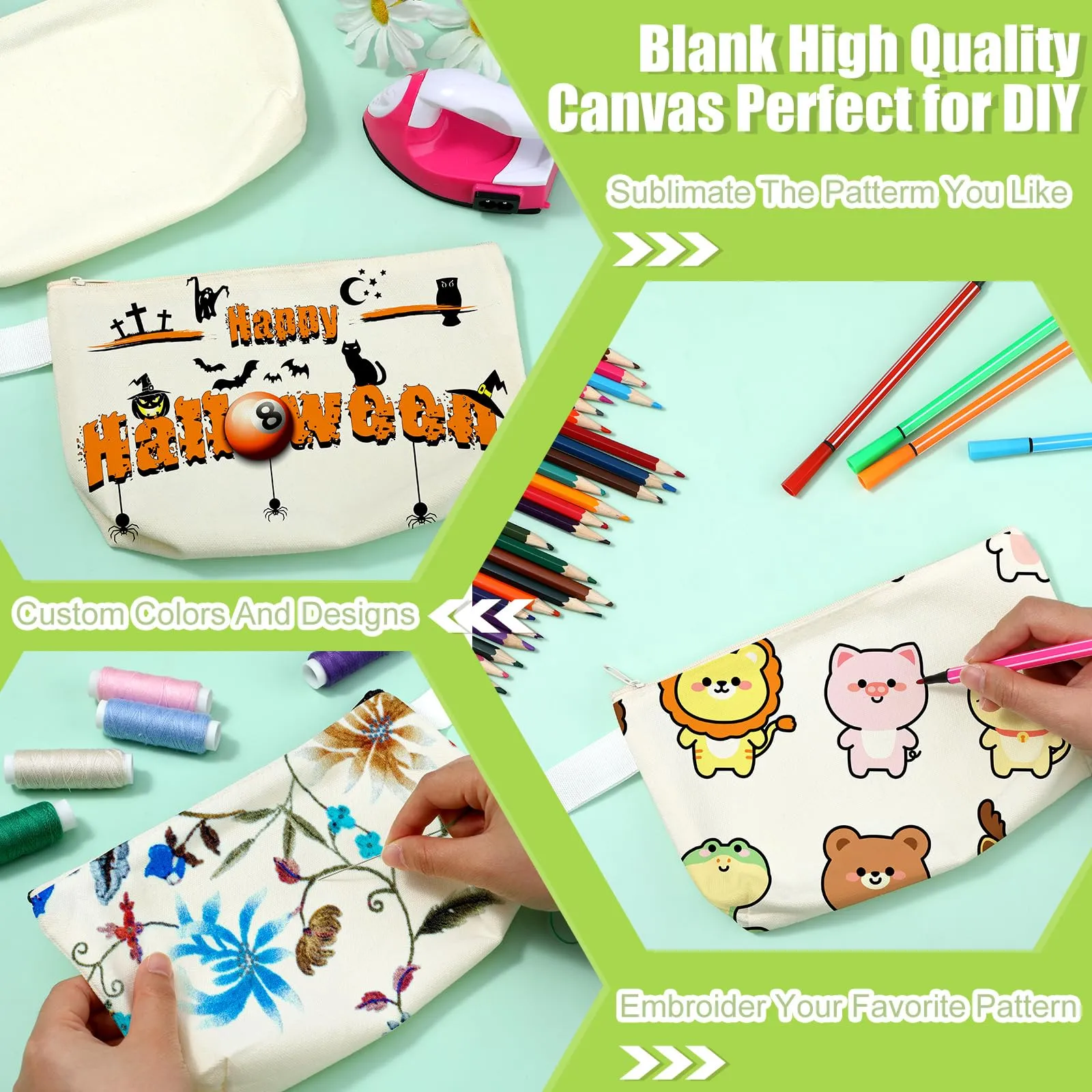 Gejoy 100 Pack Sublimation Blank Canvas Cosmetic Bags Bulk DIY Heat Transfer Makeup Bags With Wristband Lanyard Zipper Cosmetic Bags Pencil Bag for Multipurpose Printing Bag Decor, 8.66 x 5.12 inch