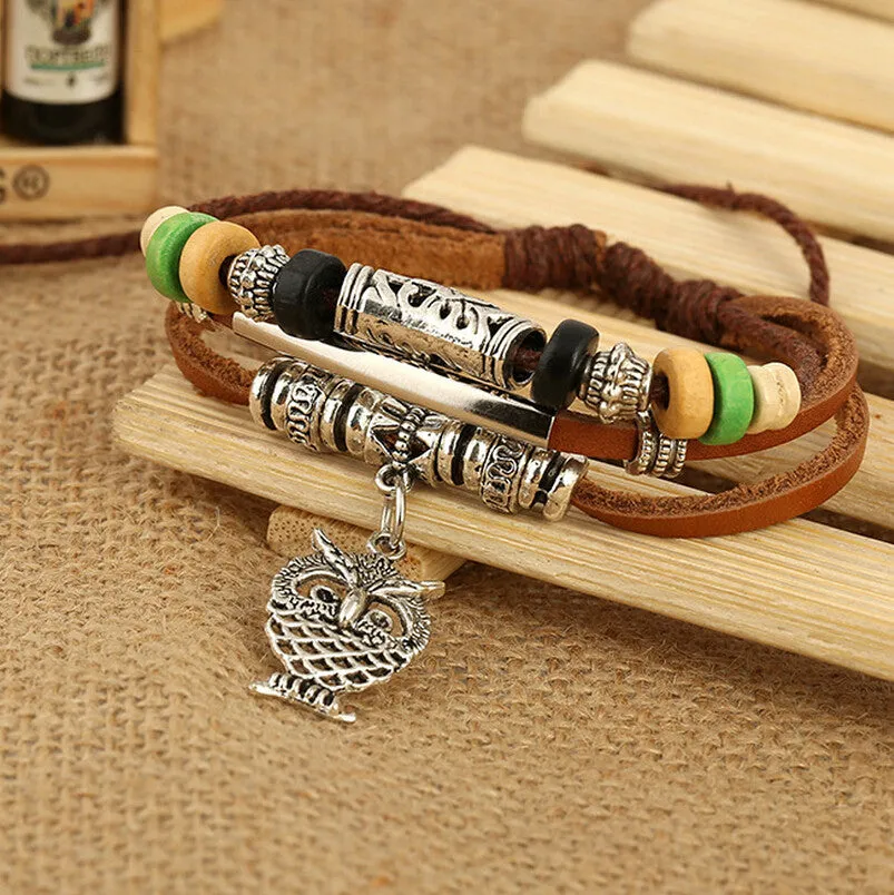 Genuine Cow Leather Bracelets Womens Lovely Animal Hollow Owl Pendant Charm Bracelet & Bangle Women Wristband Wrap